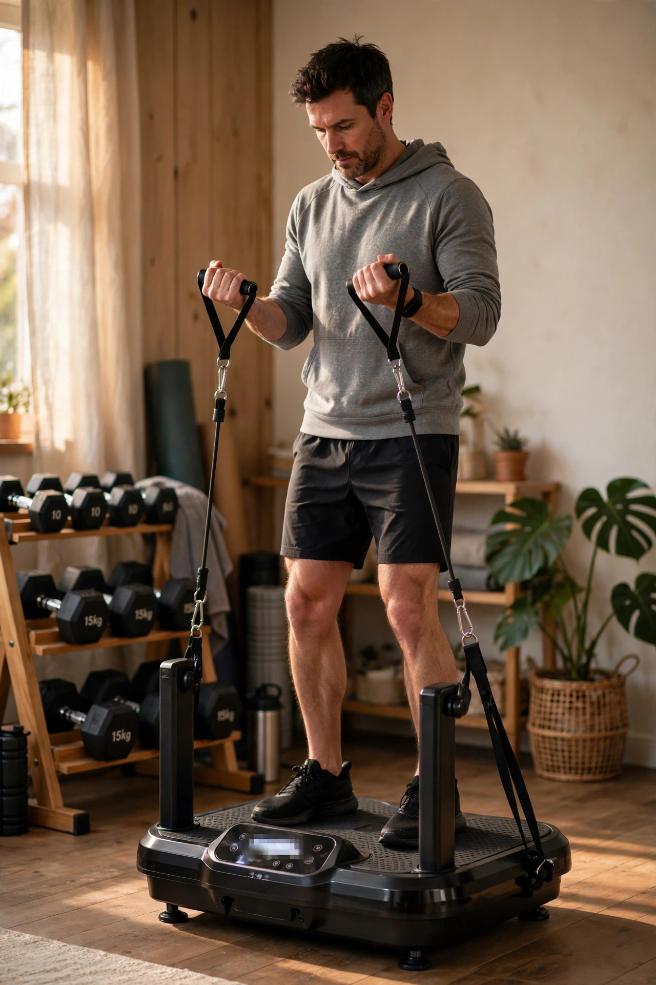 Vibration plate platform with resistance bands in a home gym