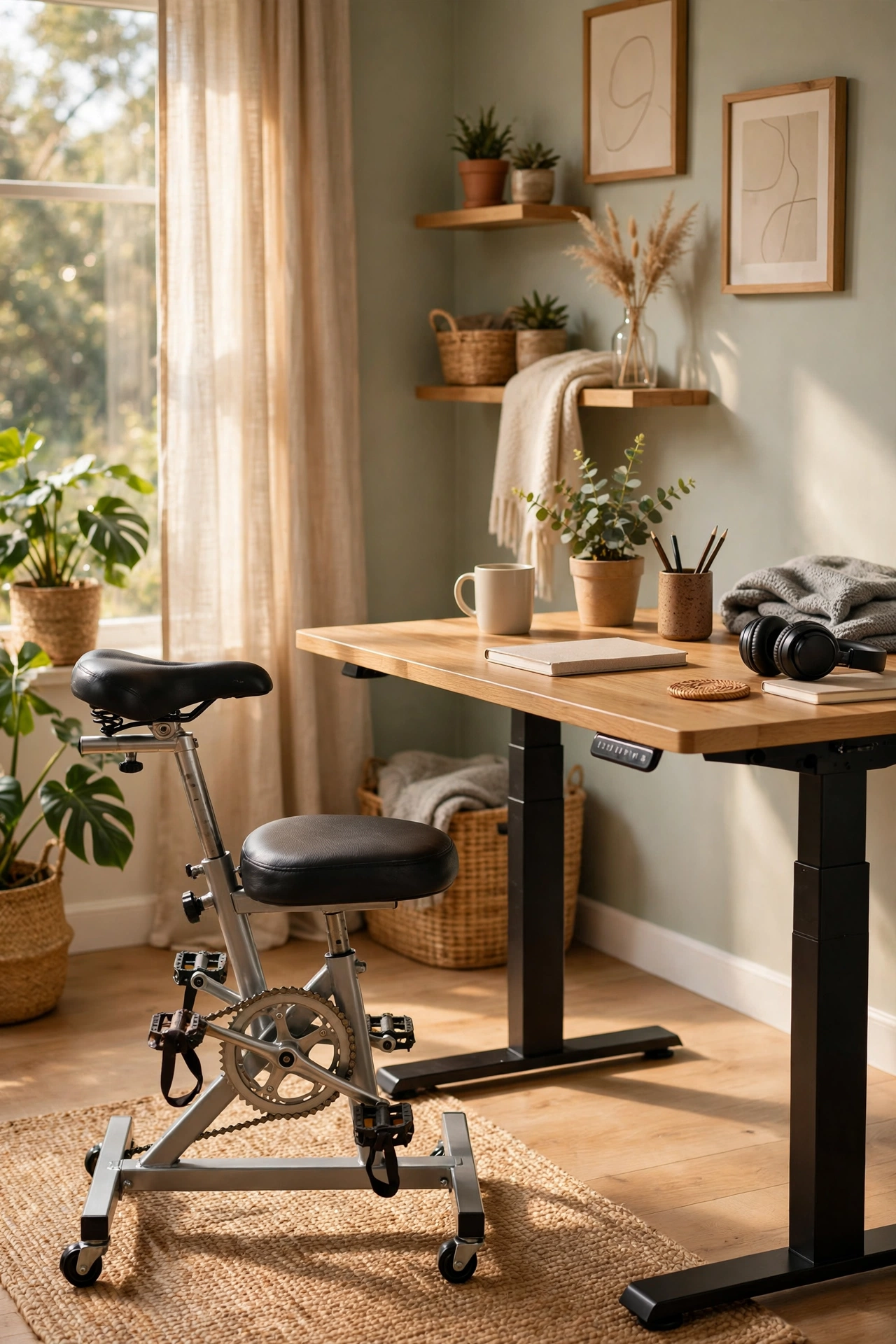 Desk bike chair on caster wheels beside a standing desk