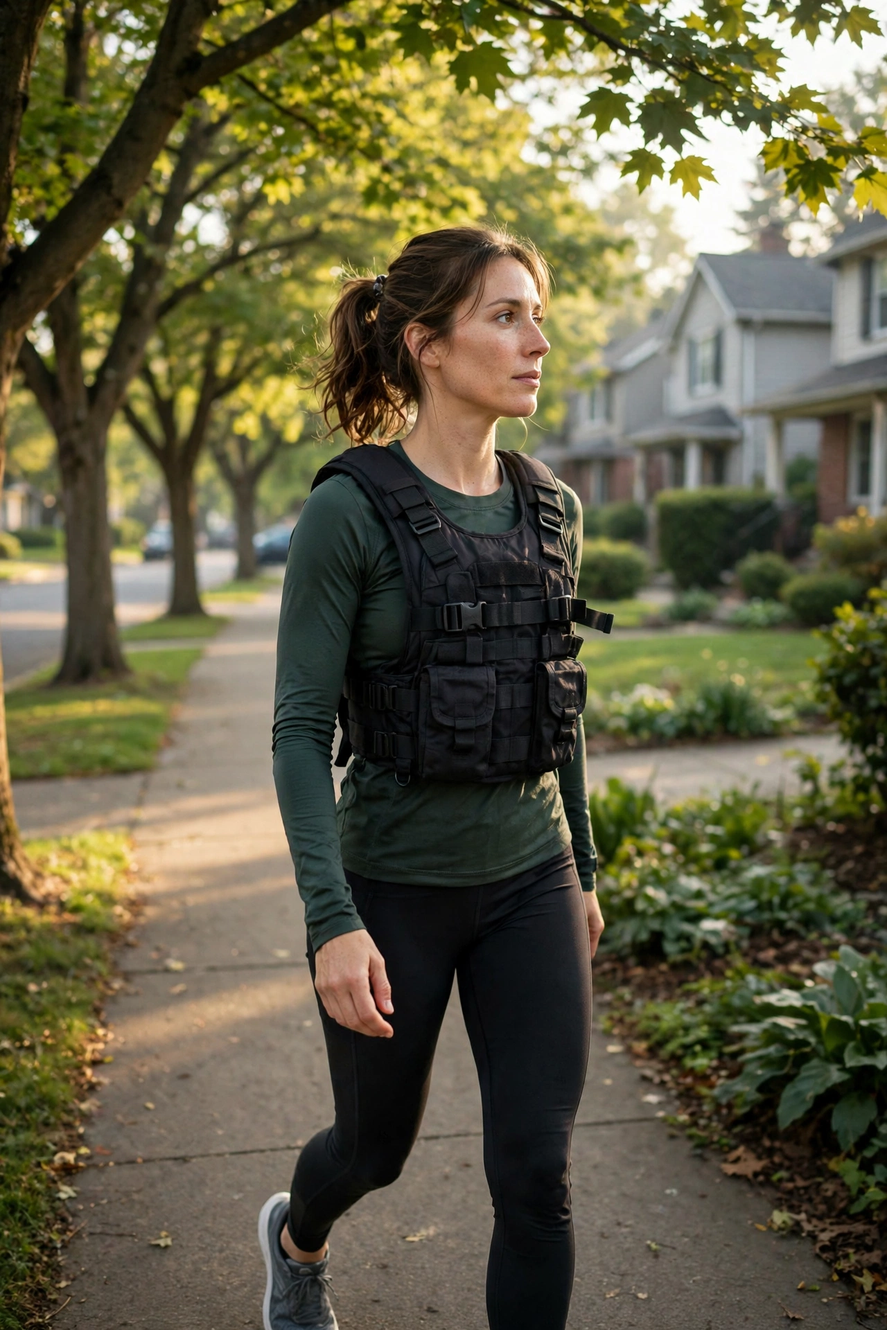 Woman wearing a weighted vest on a neighbourhood walk