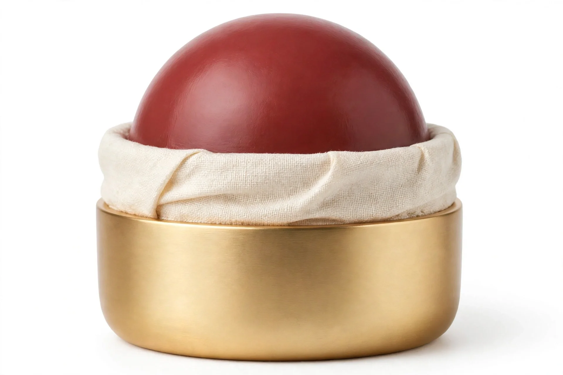 Short wide gold pot with a cream ivory collar and a large smooth dome of deep red deep pink-brown balm on top