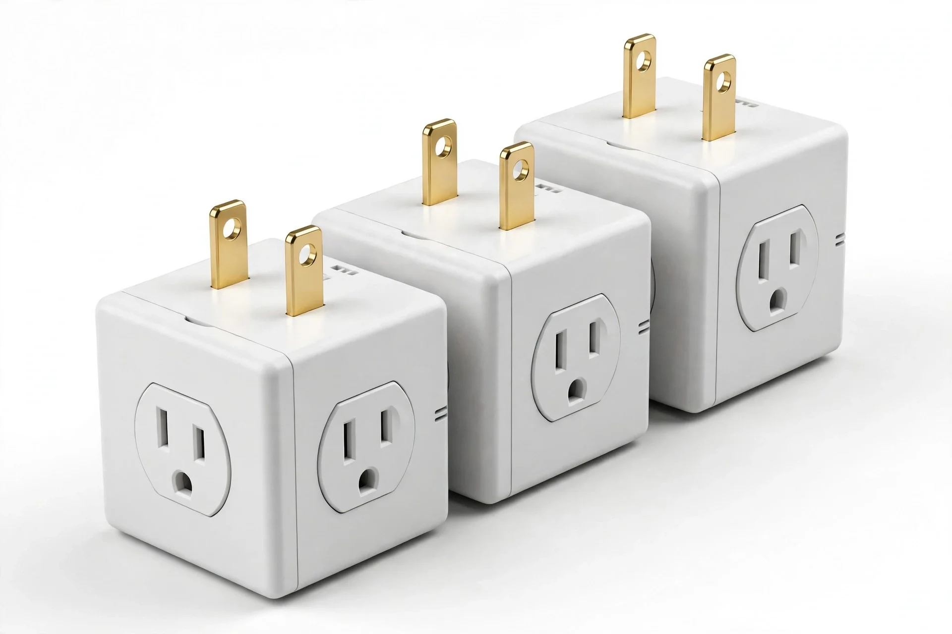 Three white cube-shaped outlet extenders with gold prongs
