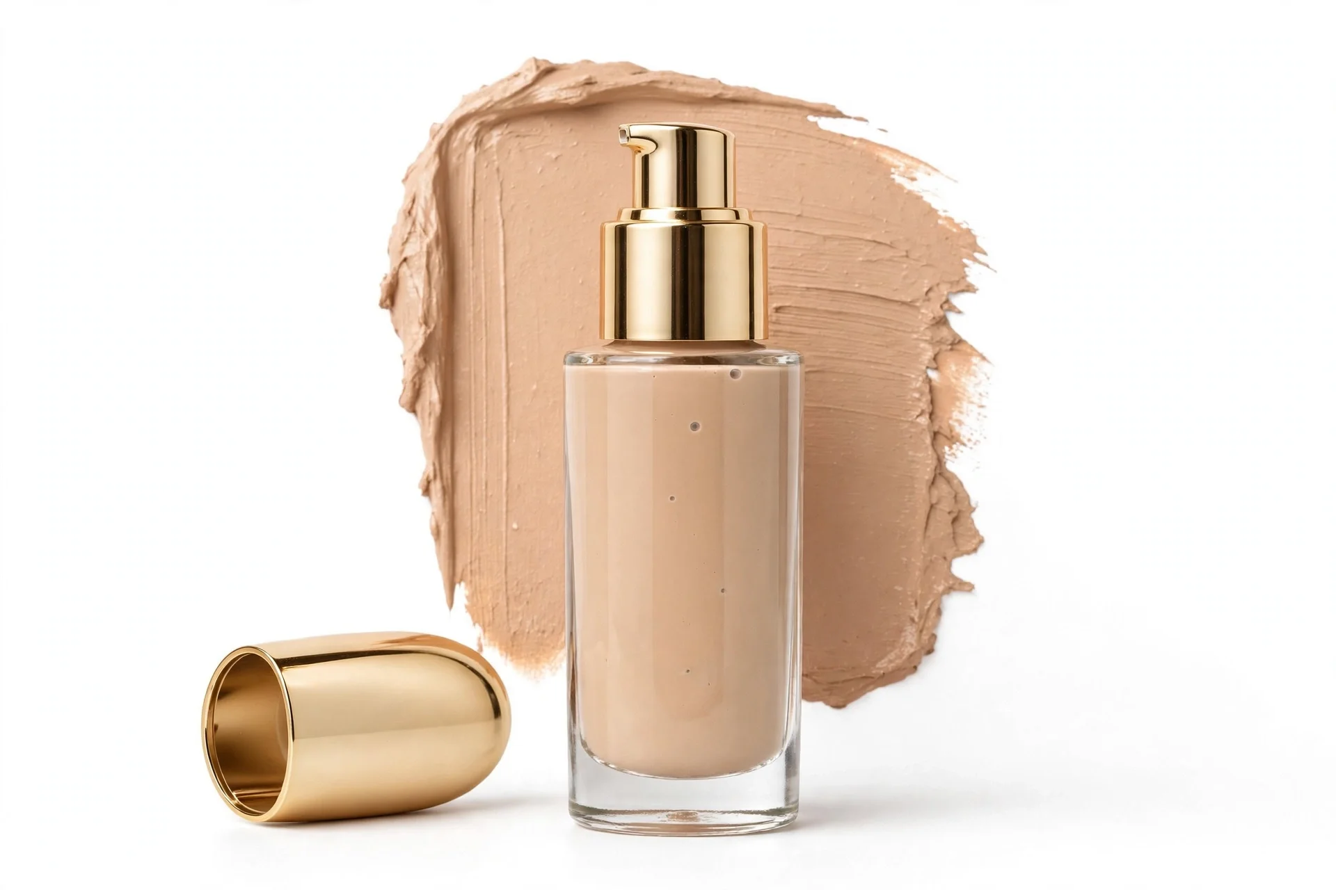Clear bottle of beige foundation with a gold pump top, large beige swatch behind it, and a gold oval cap lying to the left