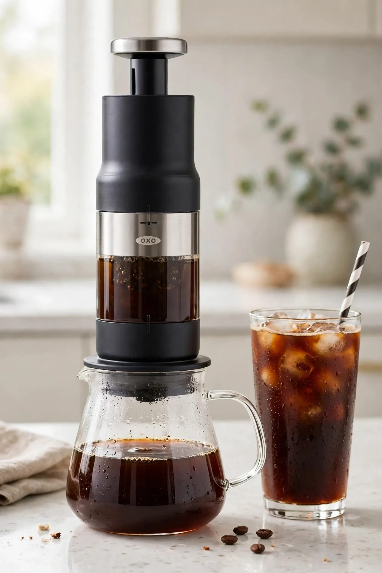 OXO Brew Rapid Brewer next to a glass of iced coffee