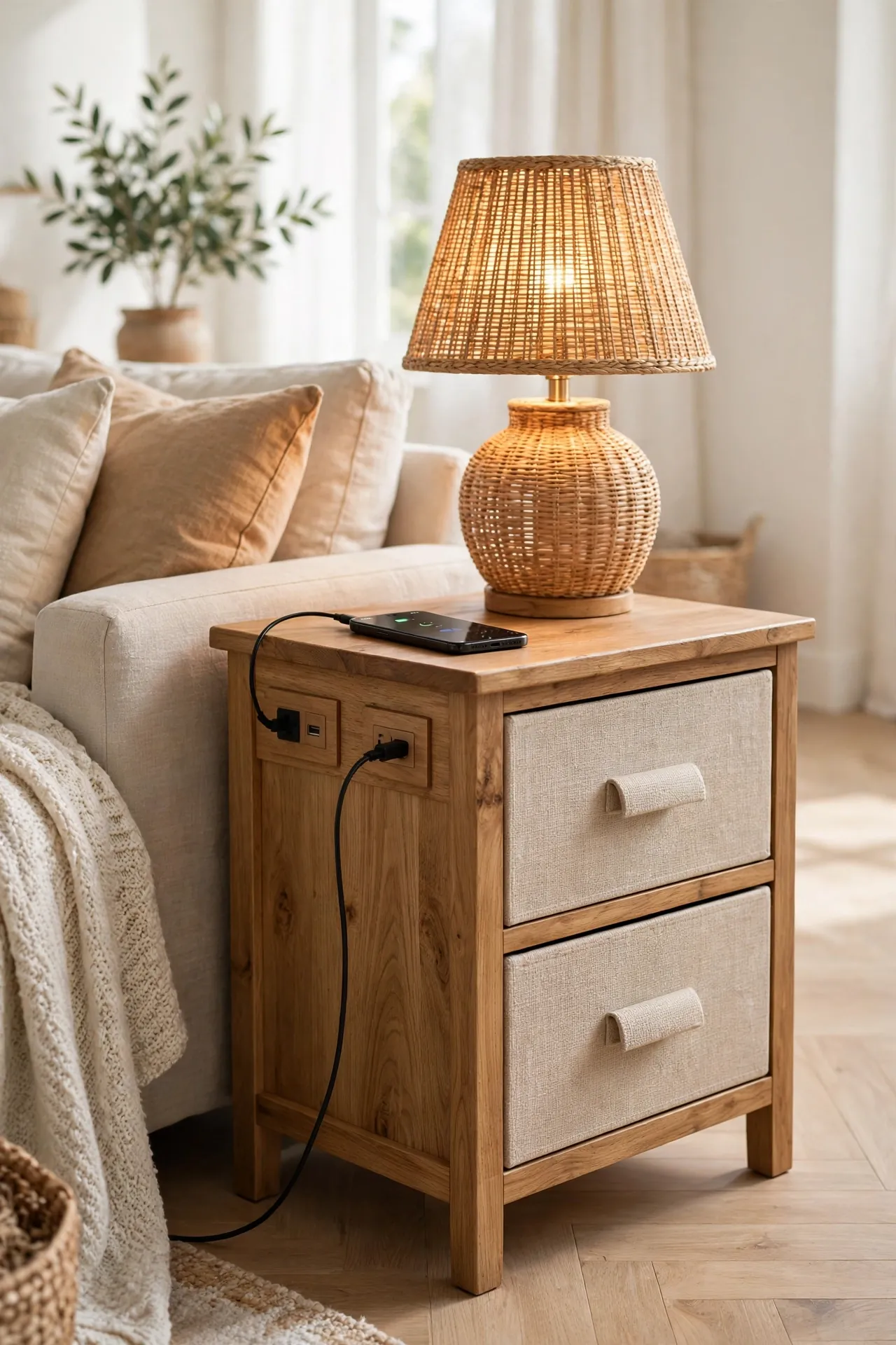 Small wooden end table with built-in outlets and USB ports beside a sofa