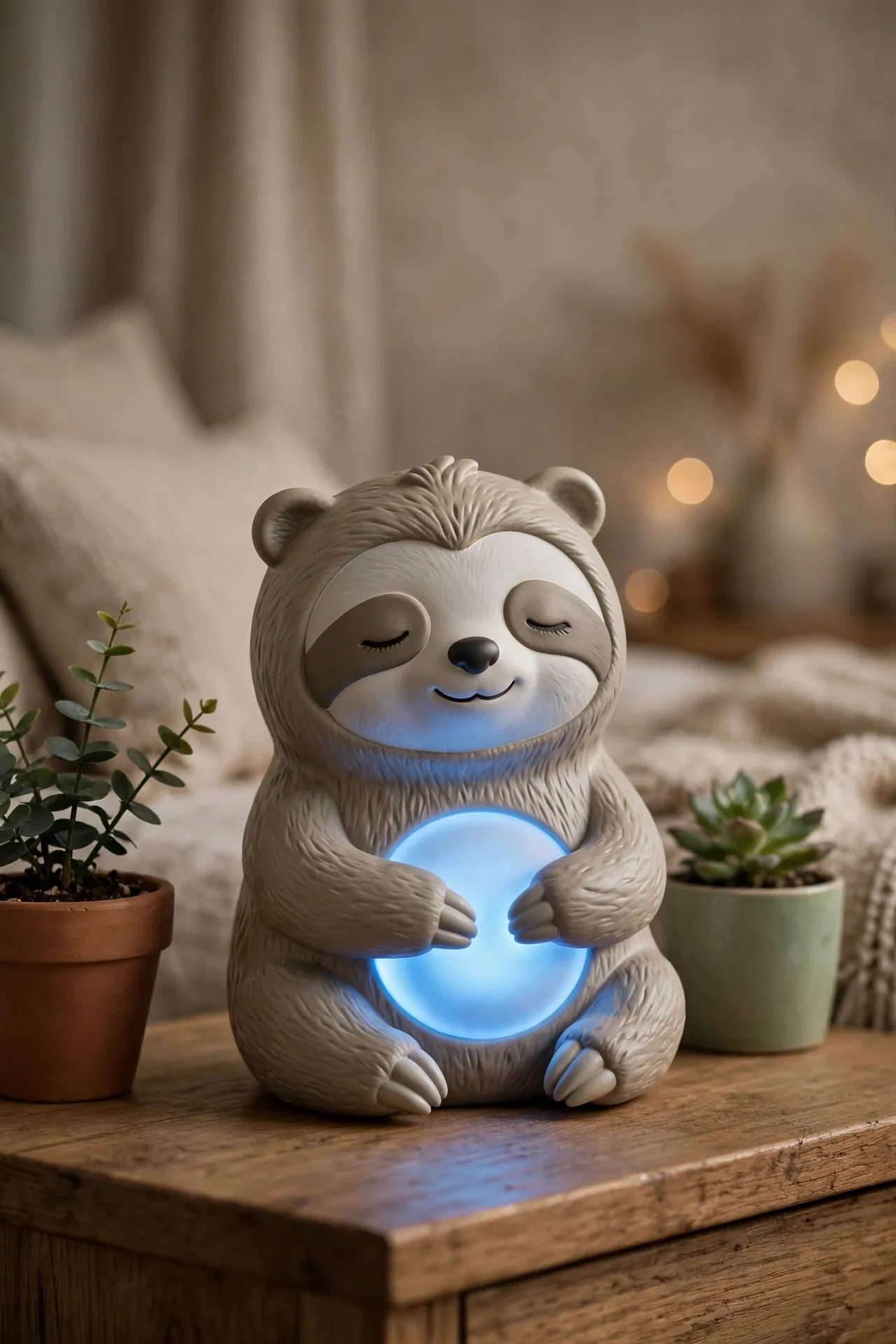 Glowing sloth-shaped guided breathing light beside plants