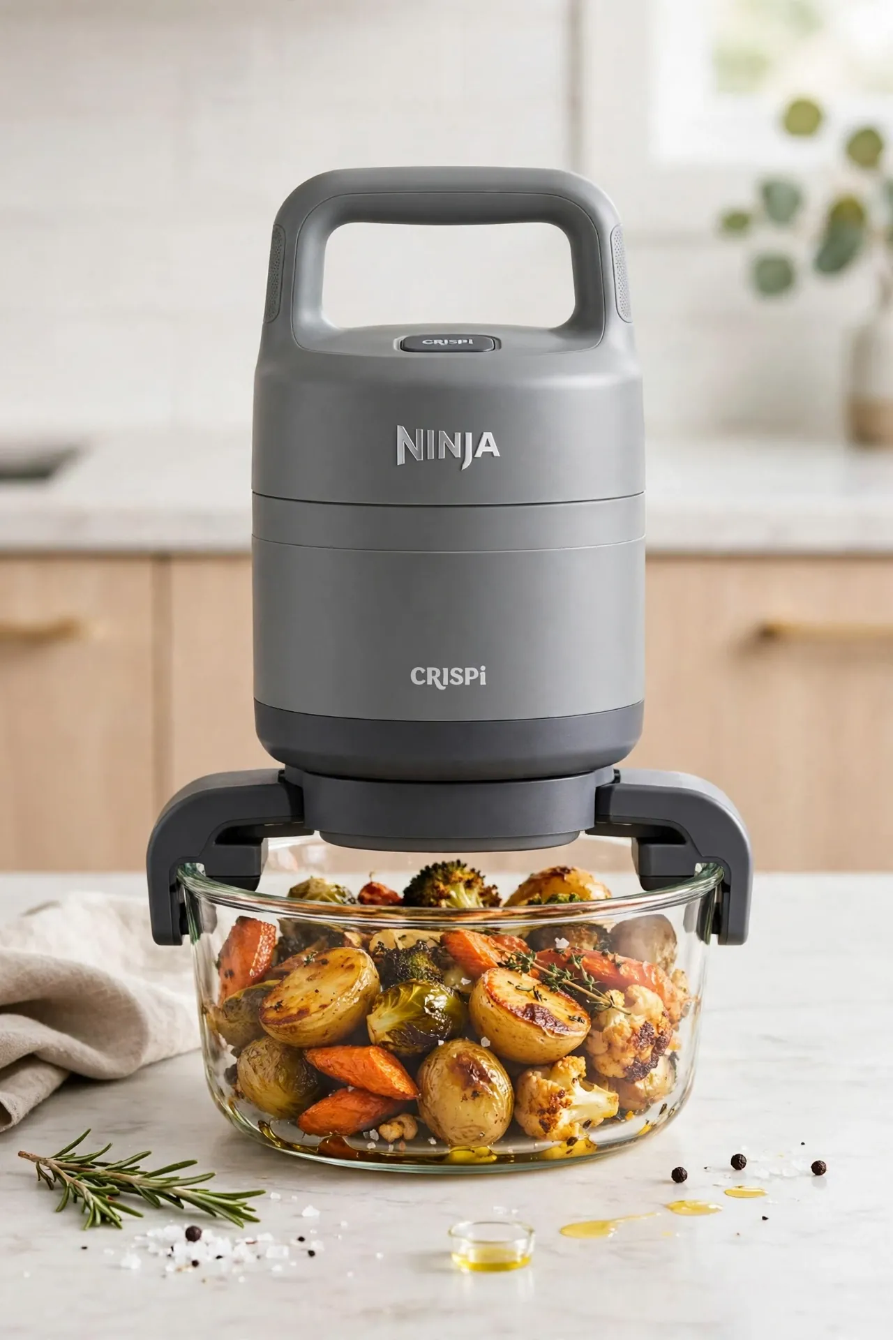 Ninja Crispi portable air fryer PowerPod on a glass container of food