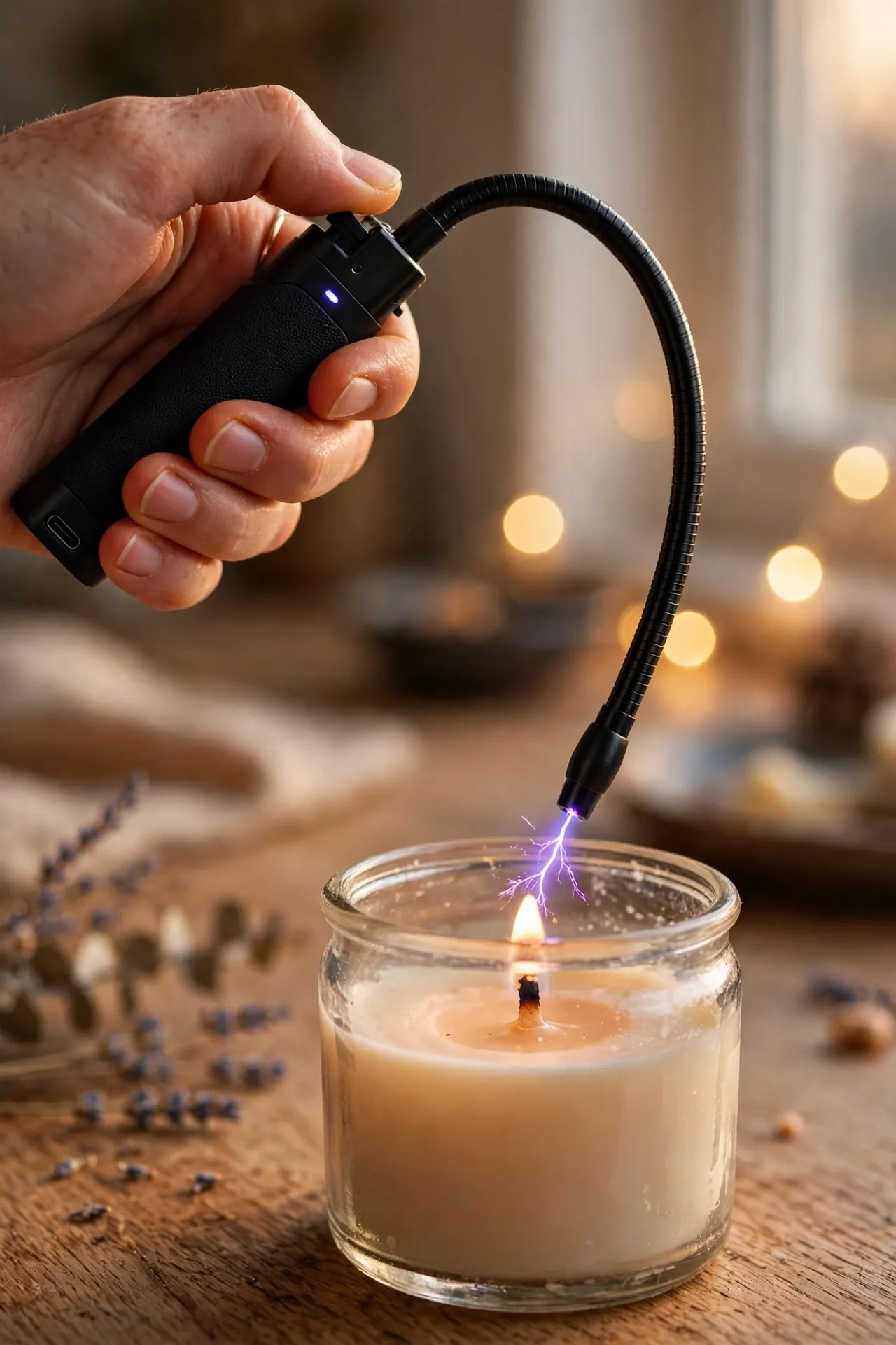 Hand lighting a low candle with a flexible-neck electric arc lighter