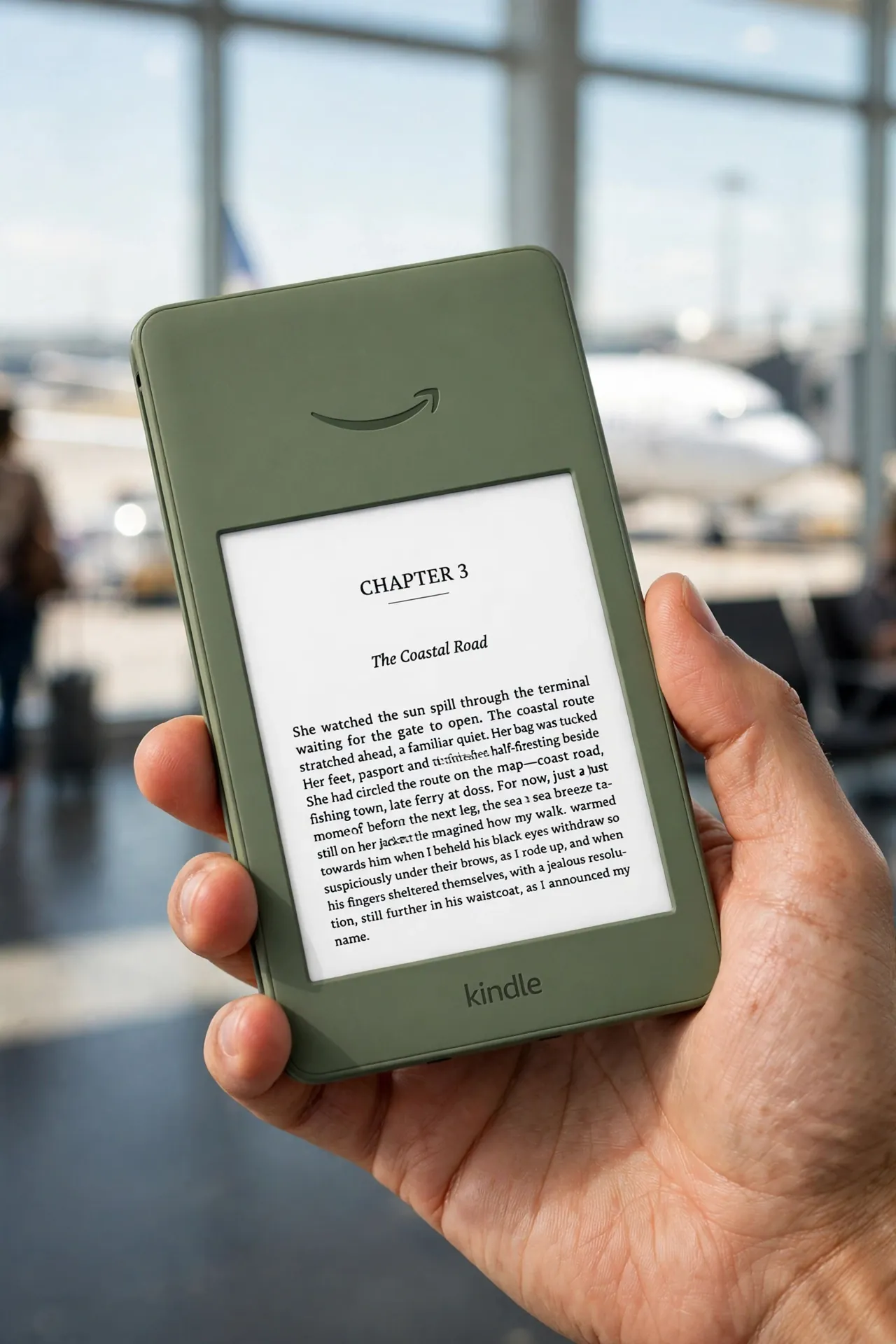 Hand holding the compact Amazon Kindle e-reader
