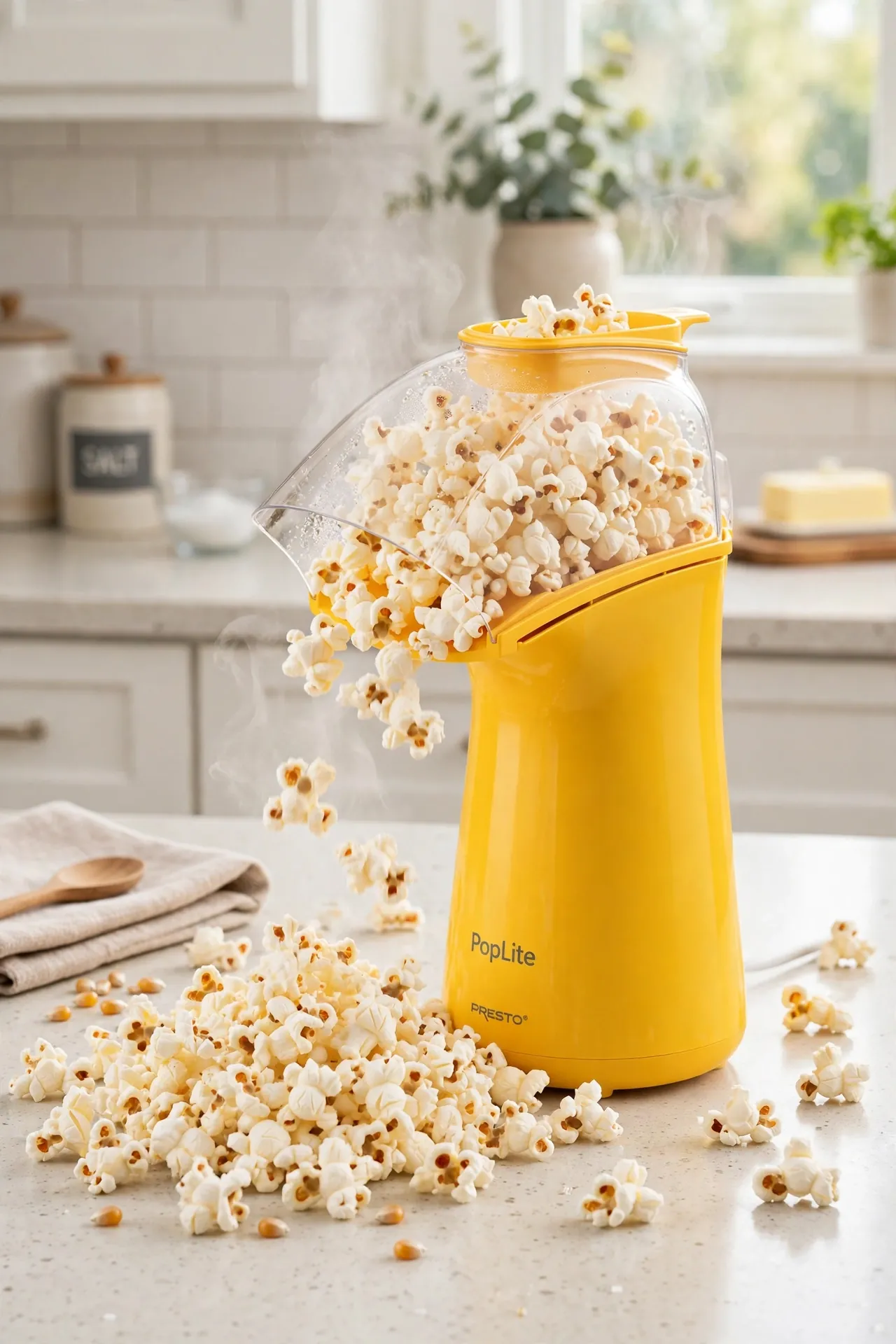 Presto PopLite hot air popcorn popper full of popped popcorn