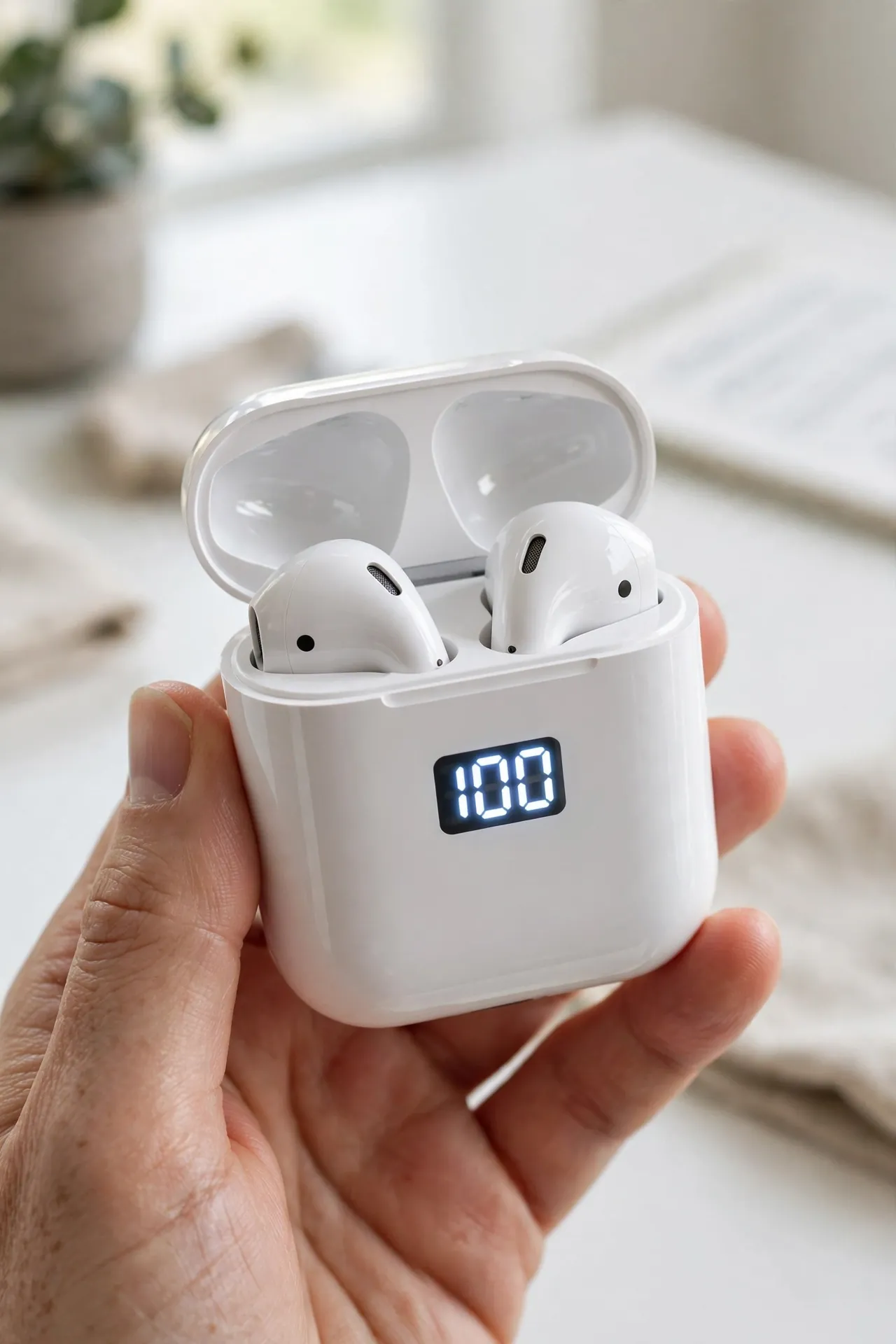 Hand holding wireless earbuds case showing LED battery display