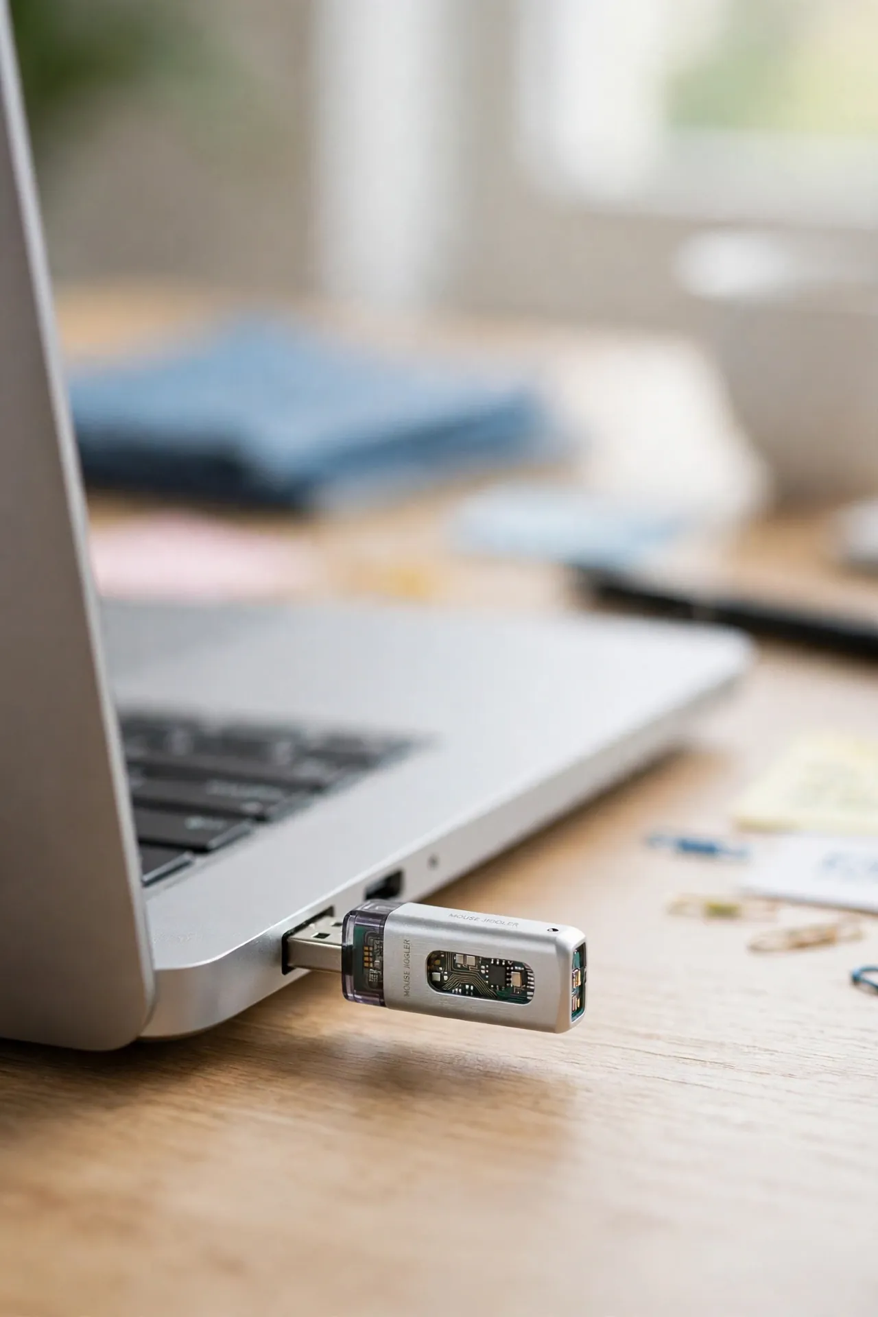 Tiny USB mouse jiggler stick plugged into a laptop