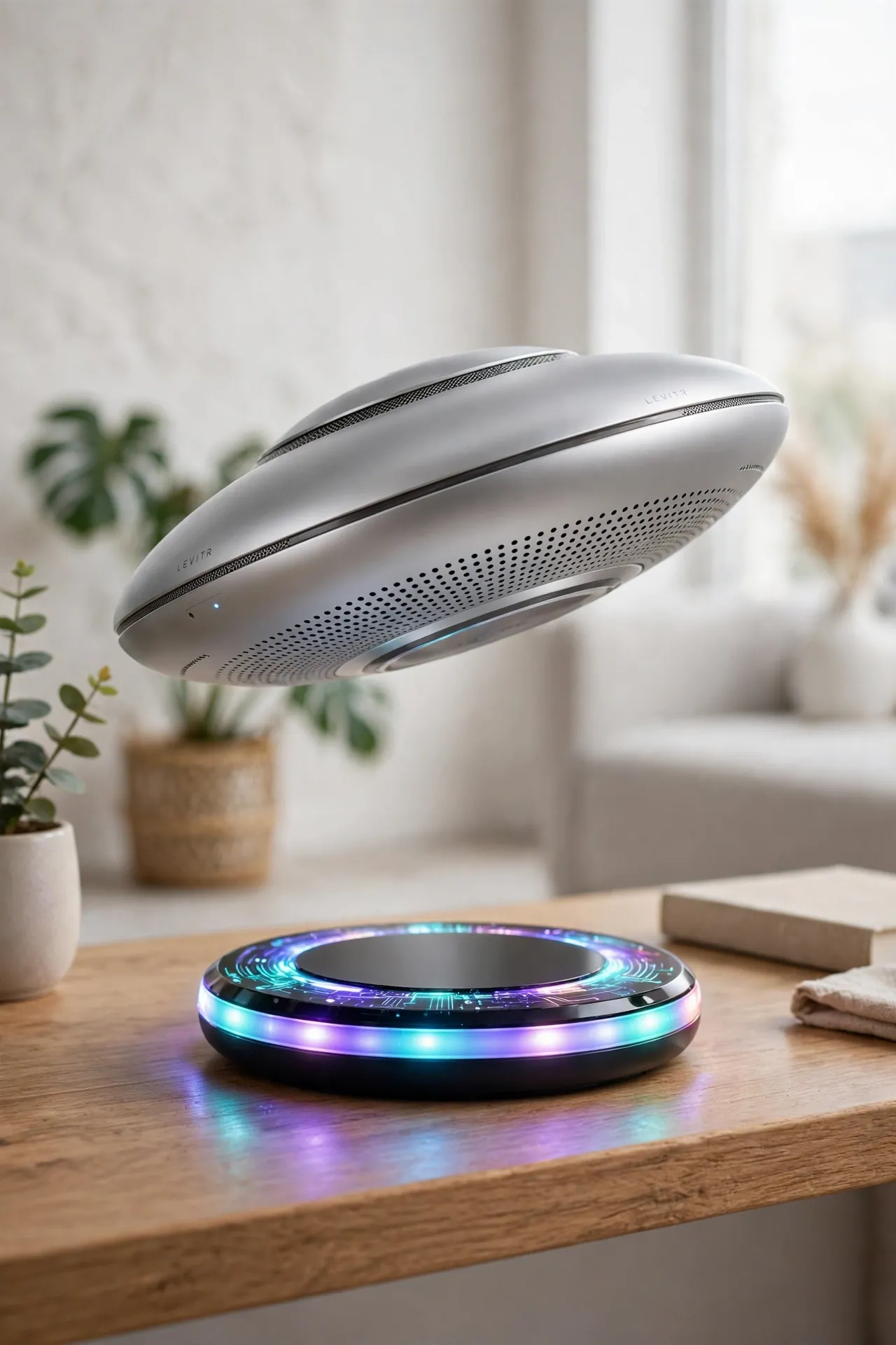 Levitating UFO-shaped Bluetooth speaker floating above its base with lights