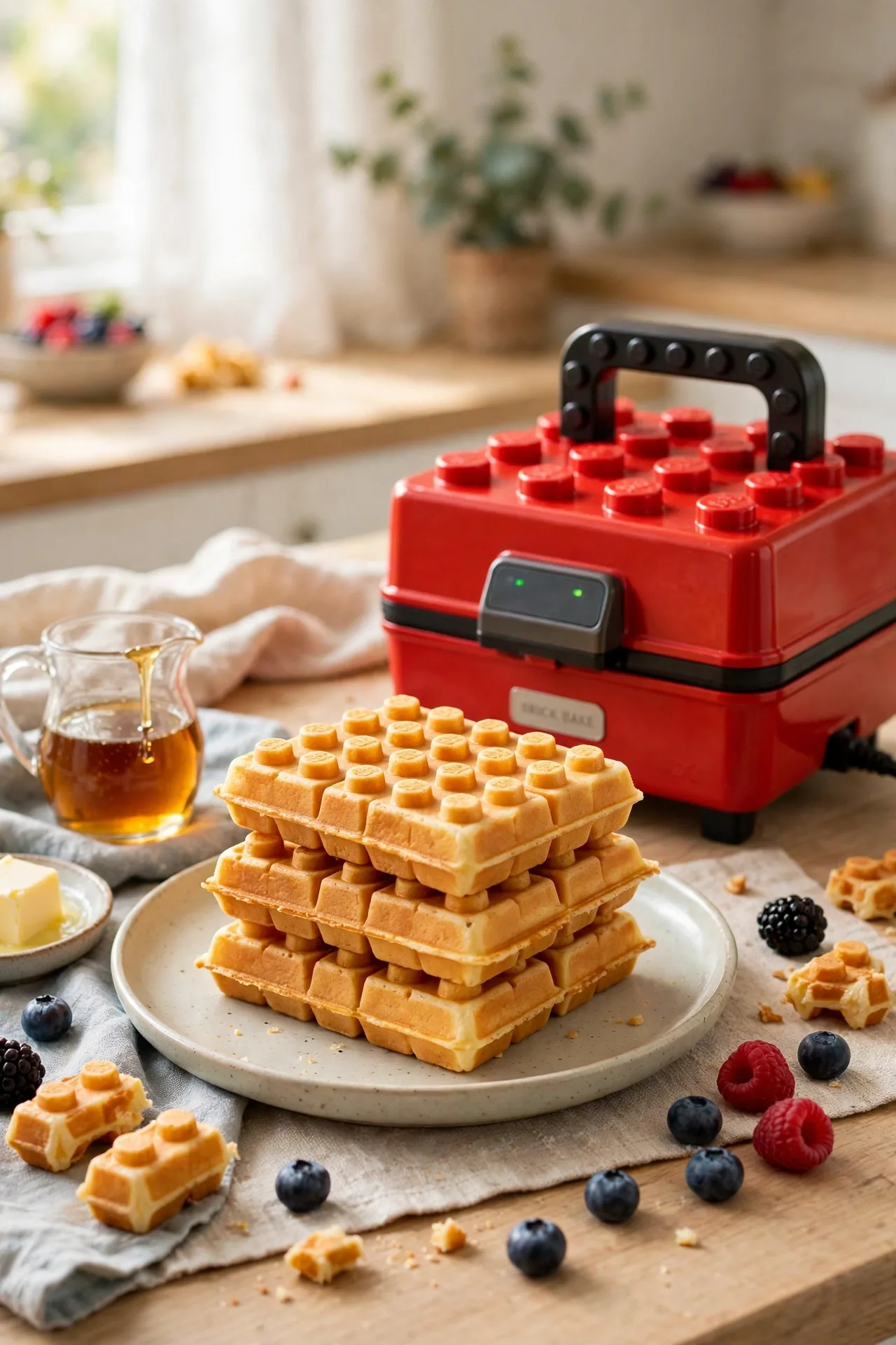 Plate of building-brick-shaped waffles from a brick waffle maker