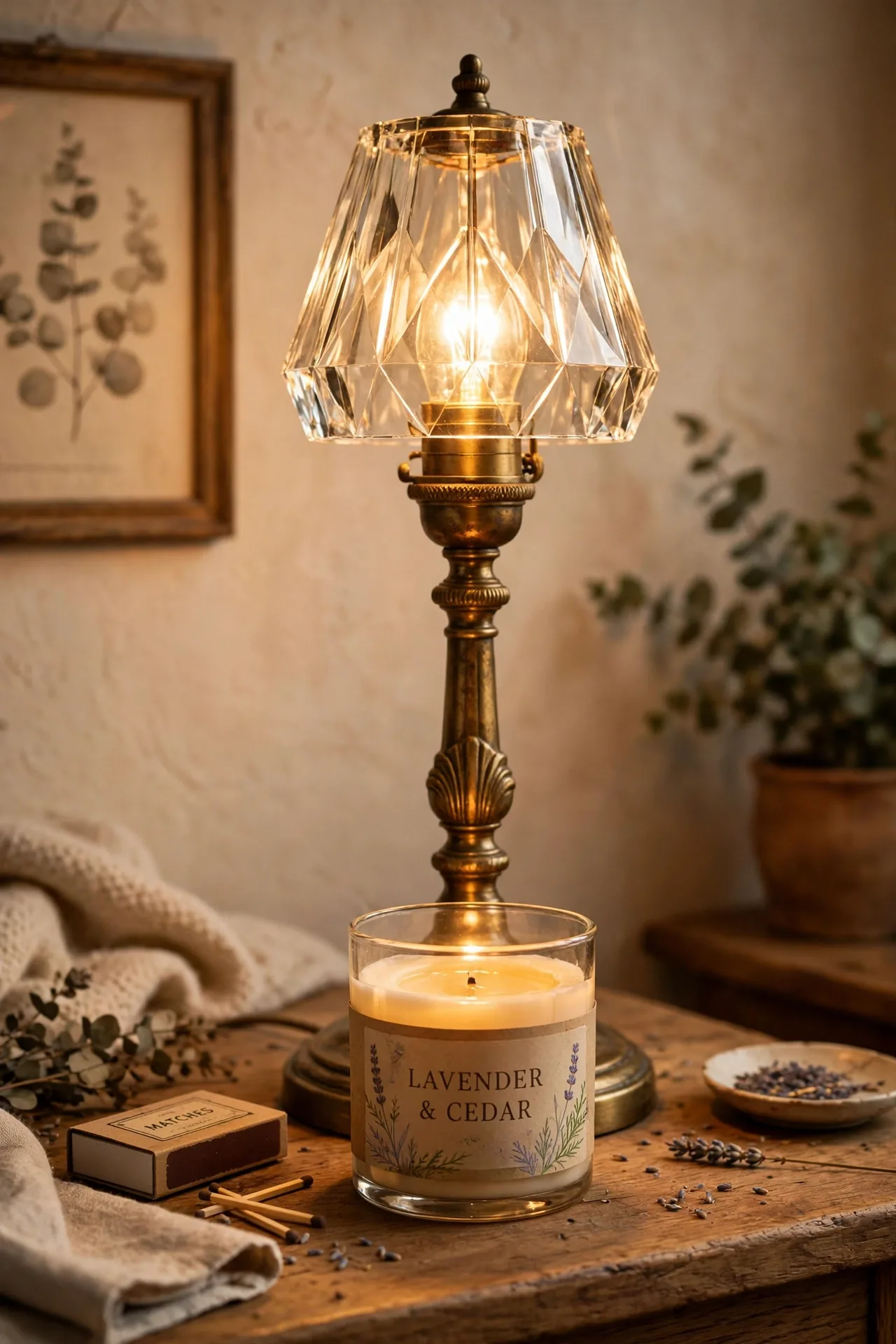 Vintage crystal candle warmer lamp glowing over a jar candle
