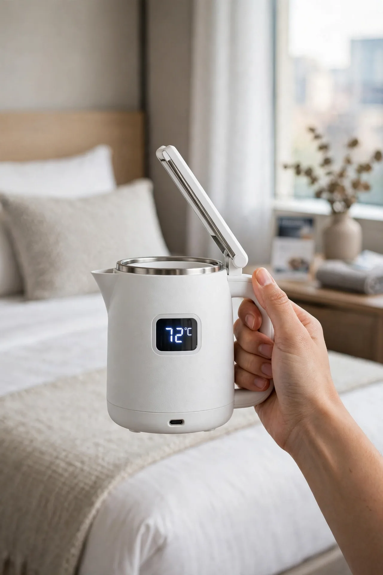 Portable electric travel kettle with digital display in a hand