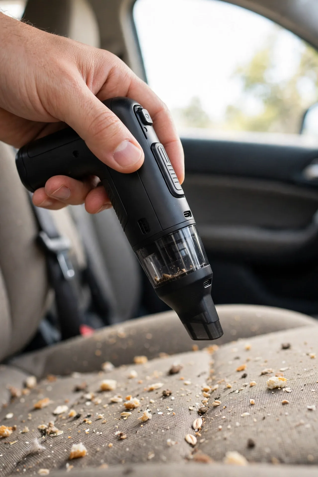 Small handheld Fanttik cordless car vacuum in a hand
