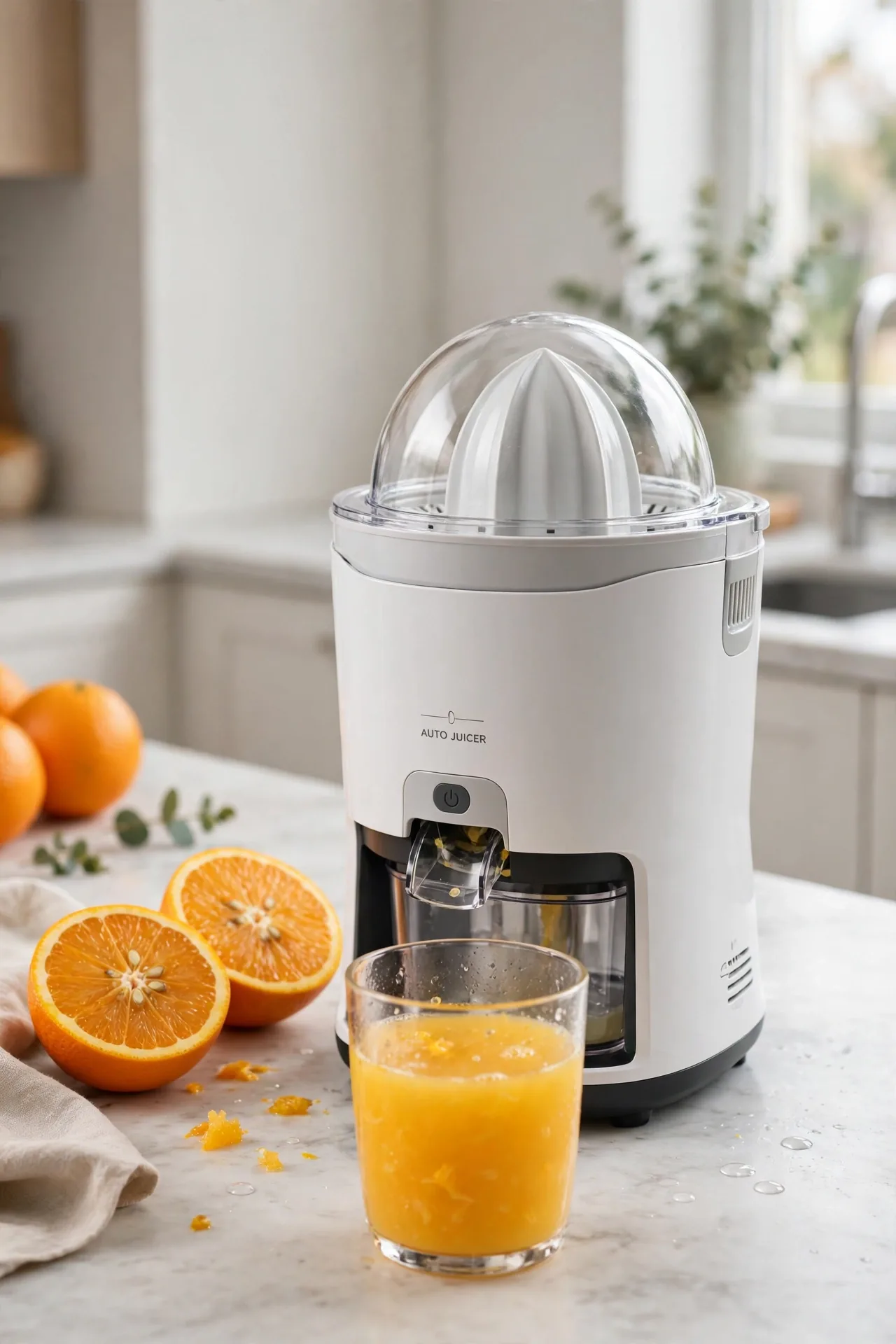 Vinci hands-free electric citrus juicer with a glass of orange juice