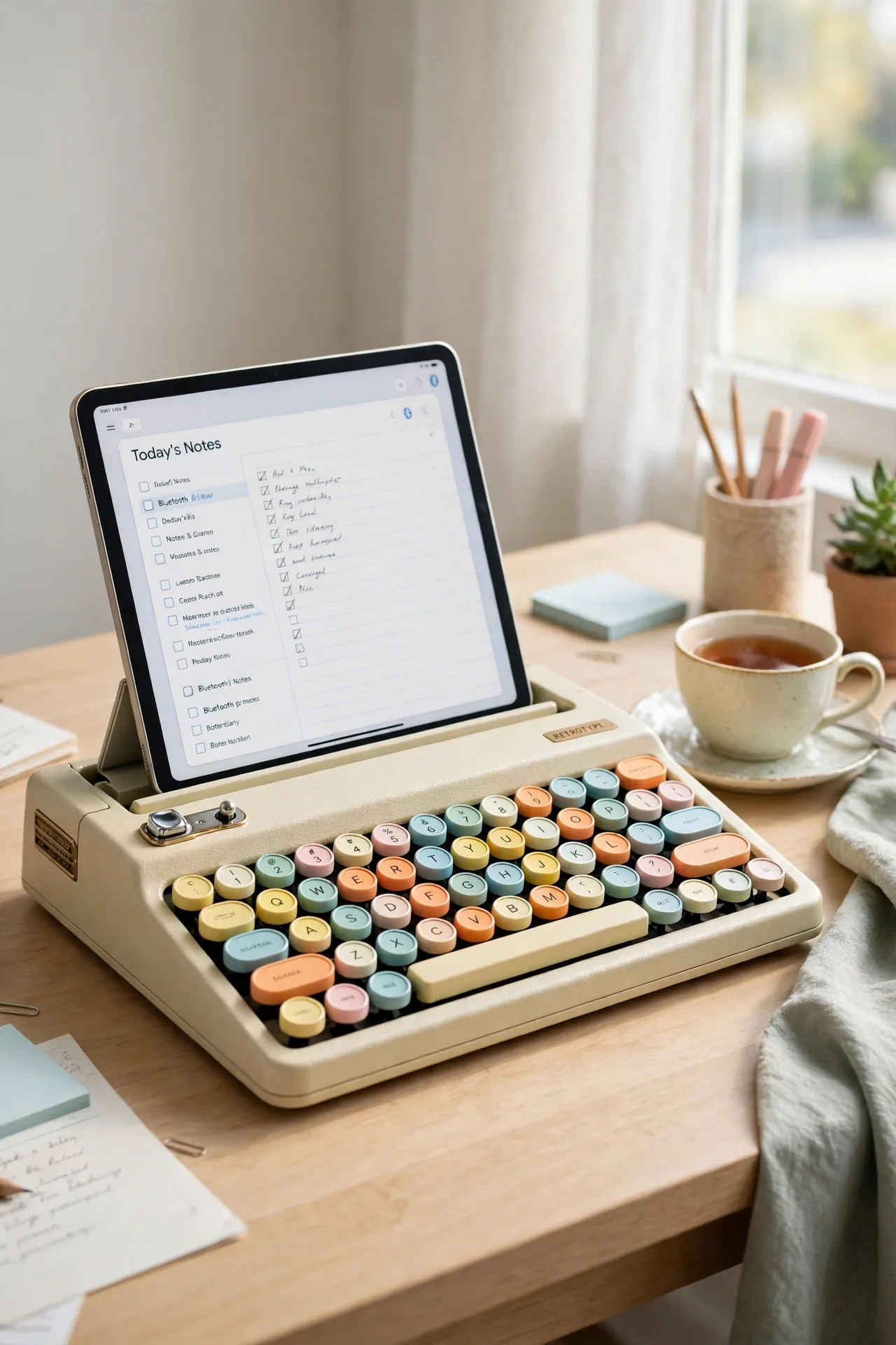 Colourful retro typewriter-style Bluetooth keyboard with a tablet
