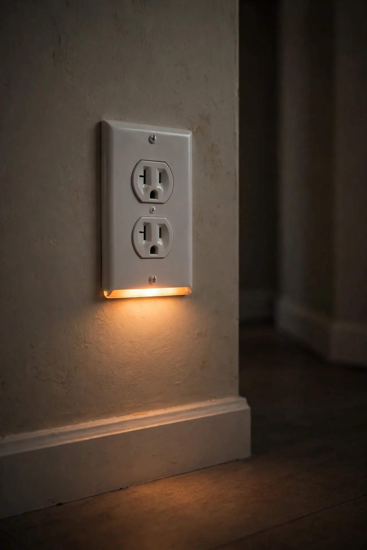 Wall outlet with SnapPower GuideLight LED bar glowing underneath