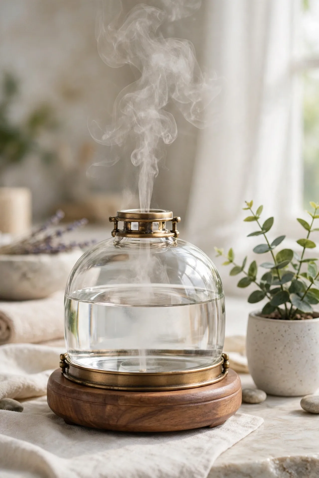 Glass dome essential oil diffuser on a wooden base releasing mist