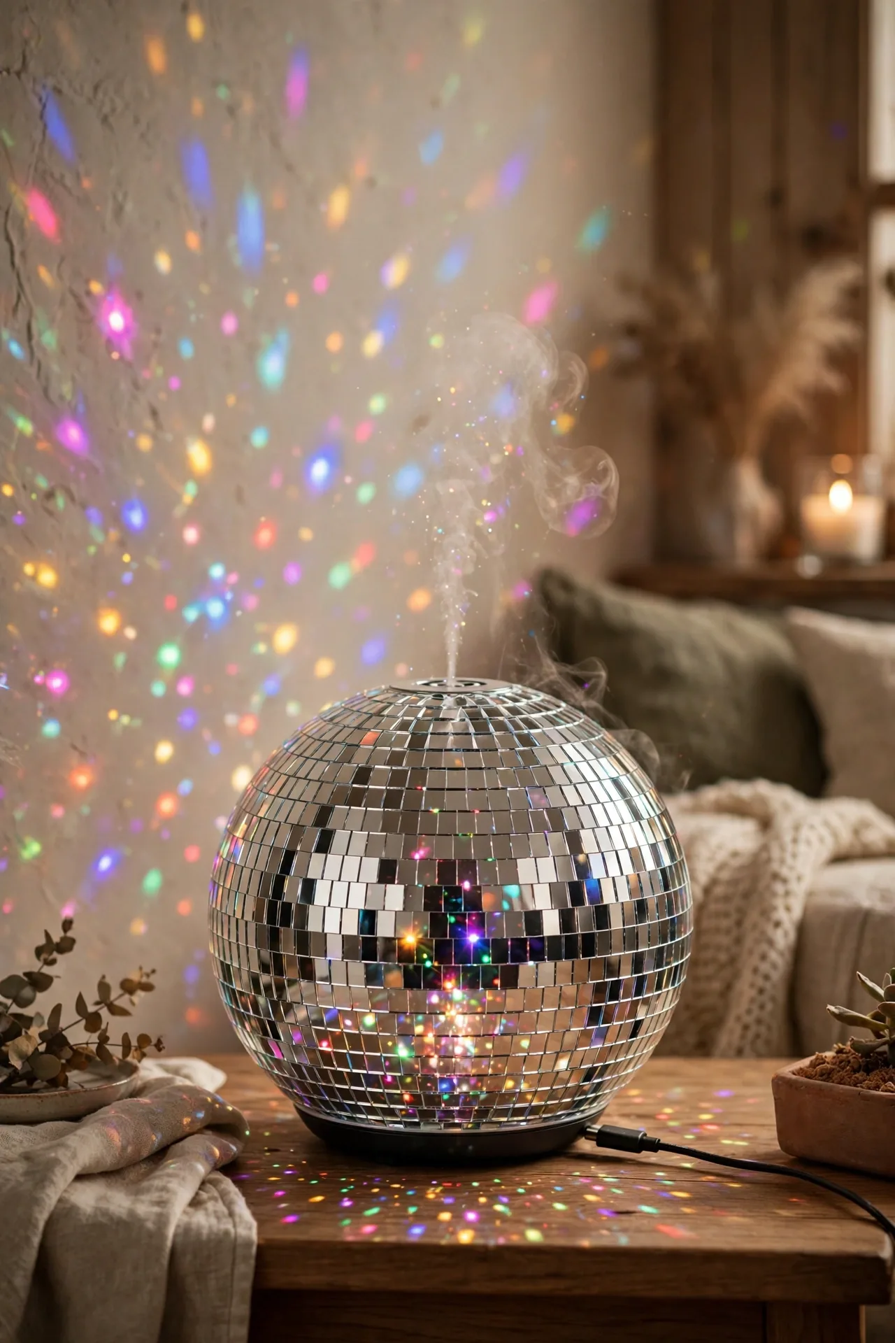 Rotating disco ball diffuser casting light patterns on a wall