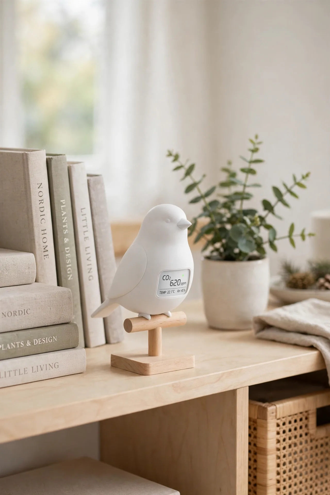 Birdie bird-shaped CO2 monitor standing on its perch