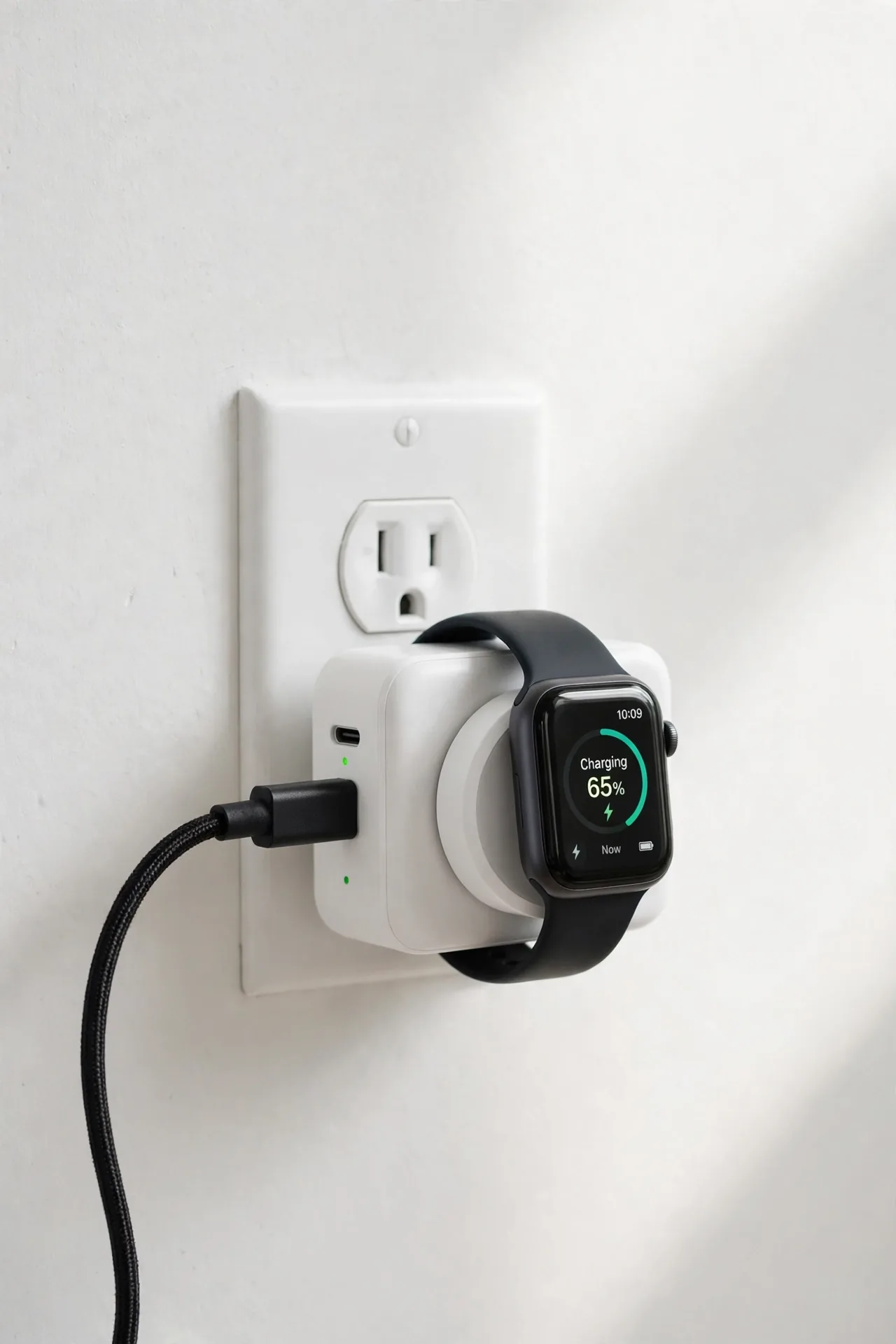 Compact wall charger with an Apple Watch charging on its built-in puck