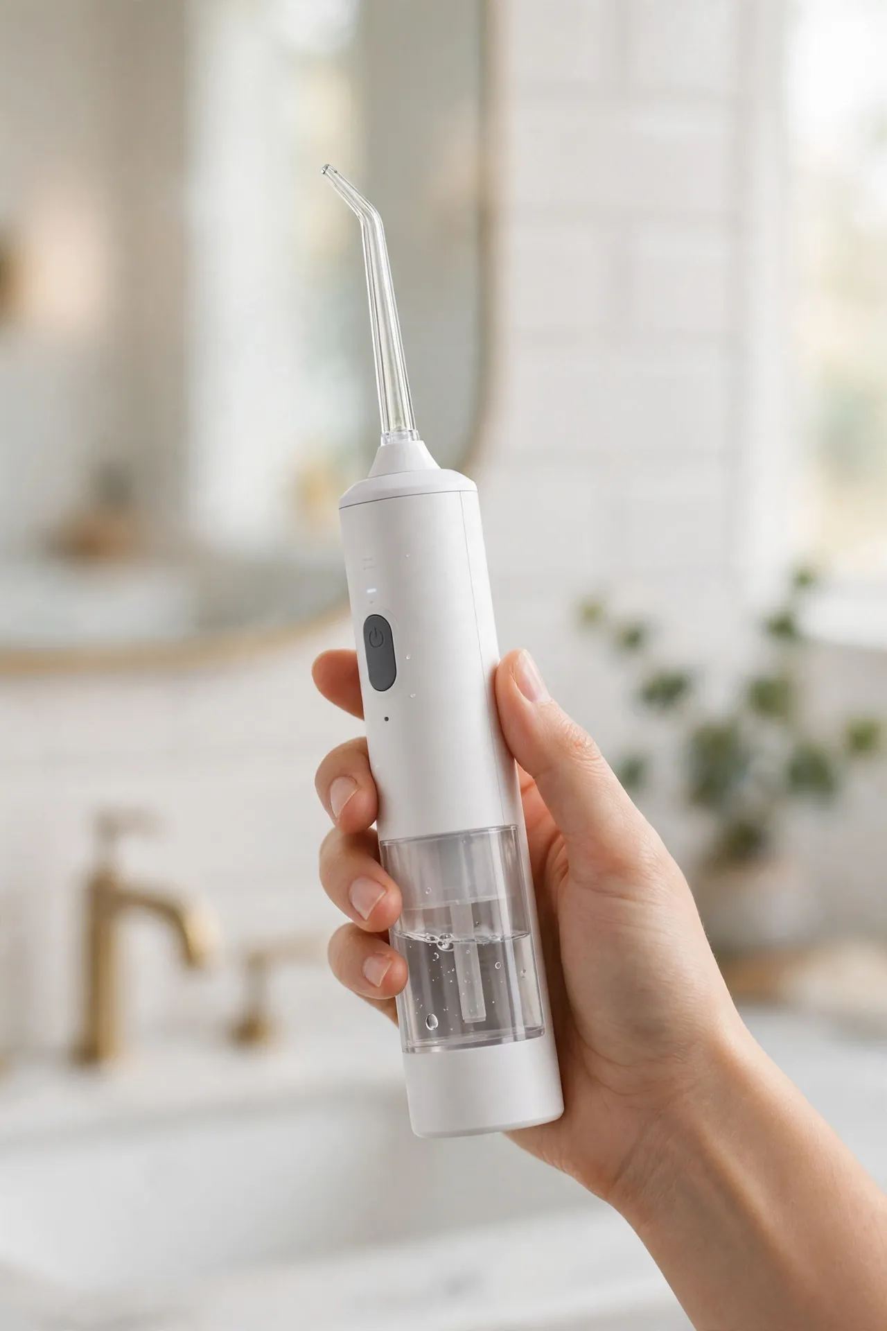 Hand holding a portable cordless water flosser