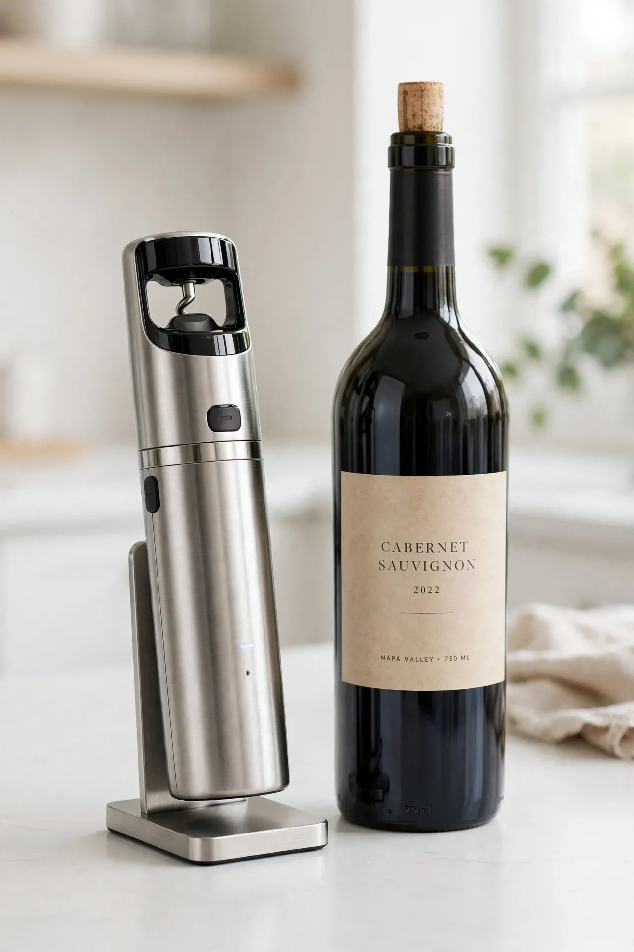 Secura cordless electric wine opener on its charging base