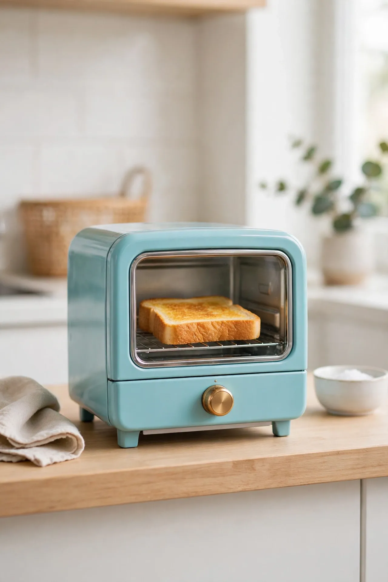 Compact DASH mini toaster oven toasting a slice of bread