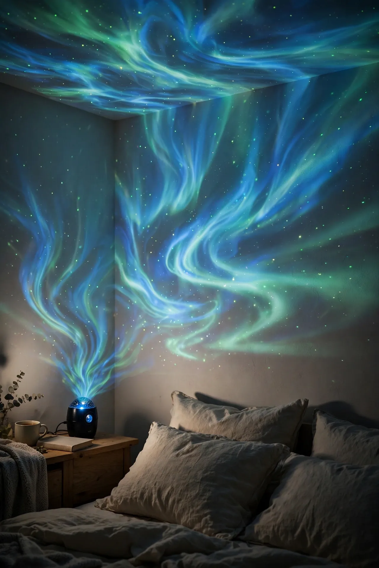 Aurora projector casting blue northern-lights waves on a bedroom wall