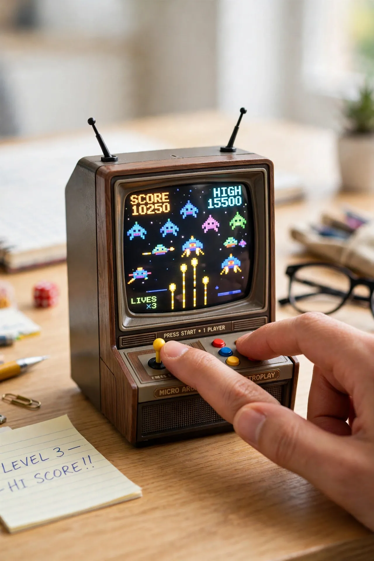 Miniature retro TV-style Tiny Arcade Atari game with joystick
