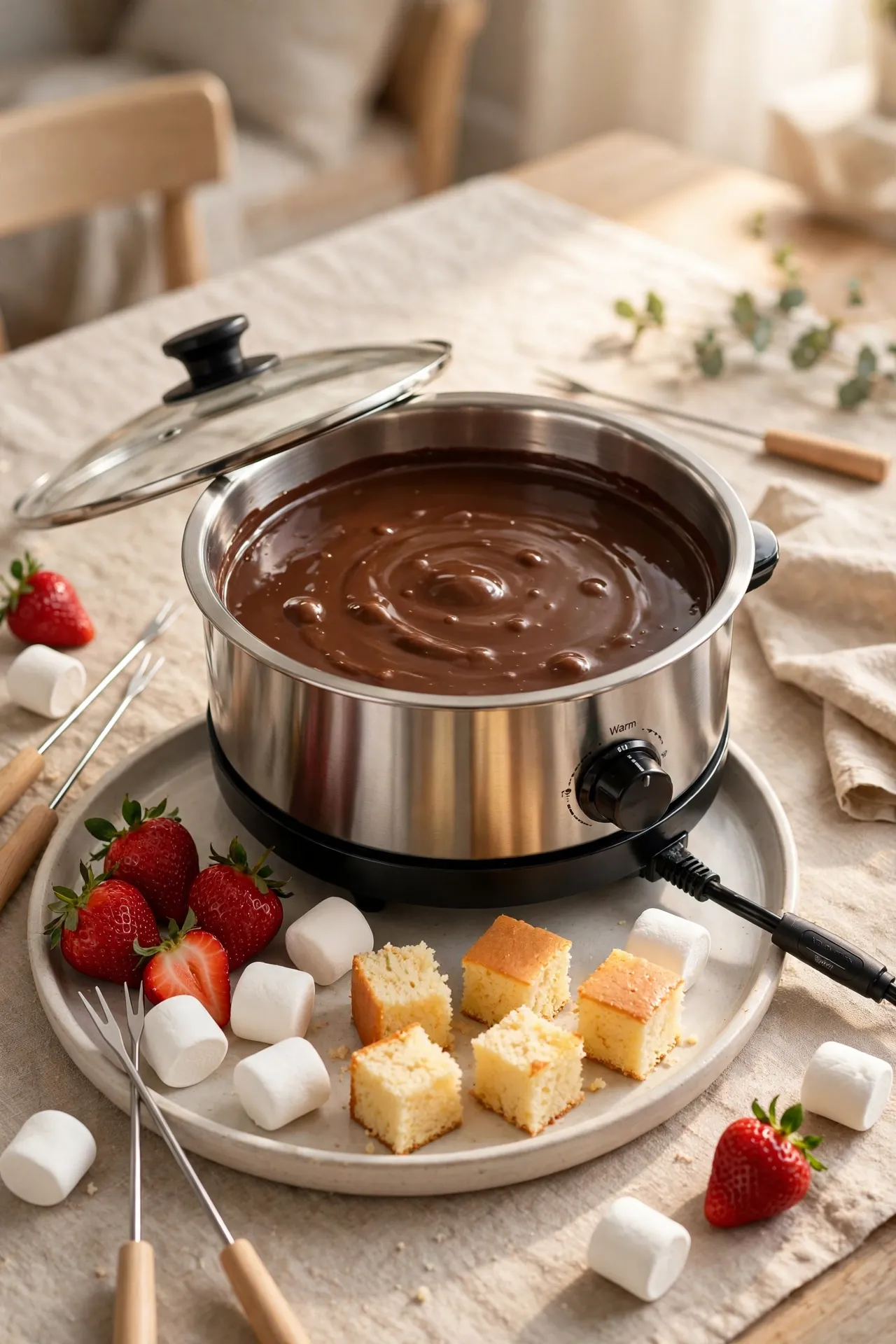 Kusini electric fondue pot surrounded by snacks for dipping