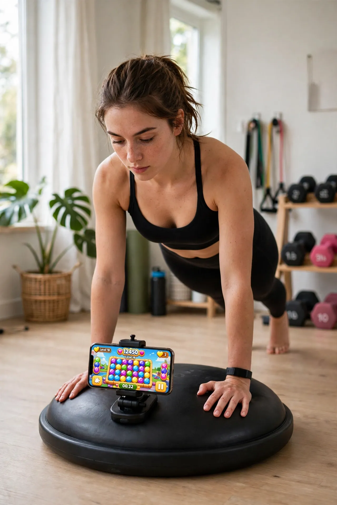Person planking on a Stealth core trainer board playing a phone game