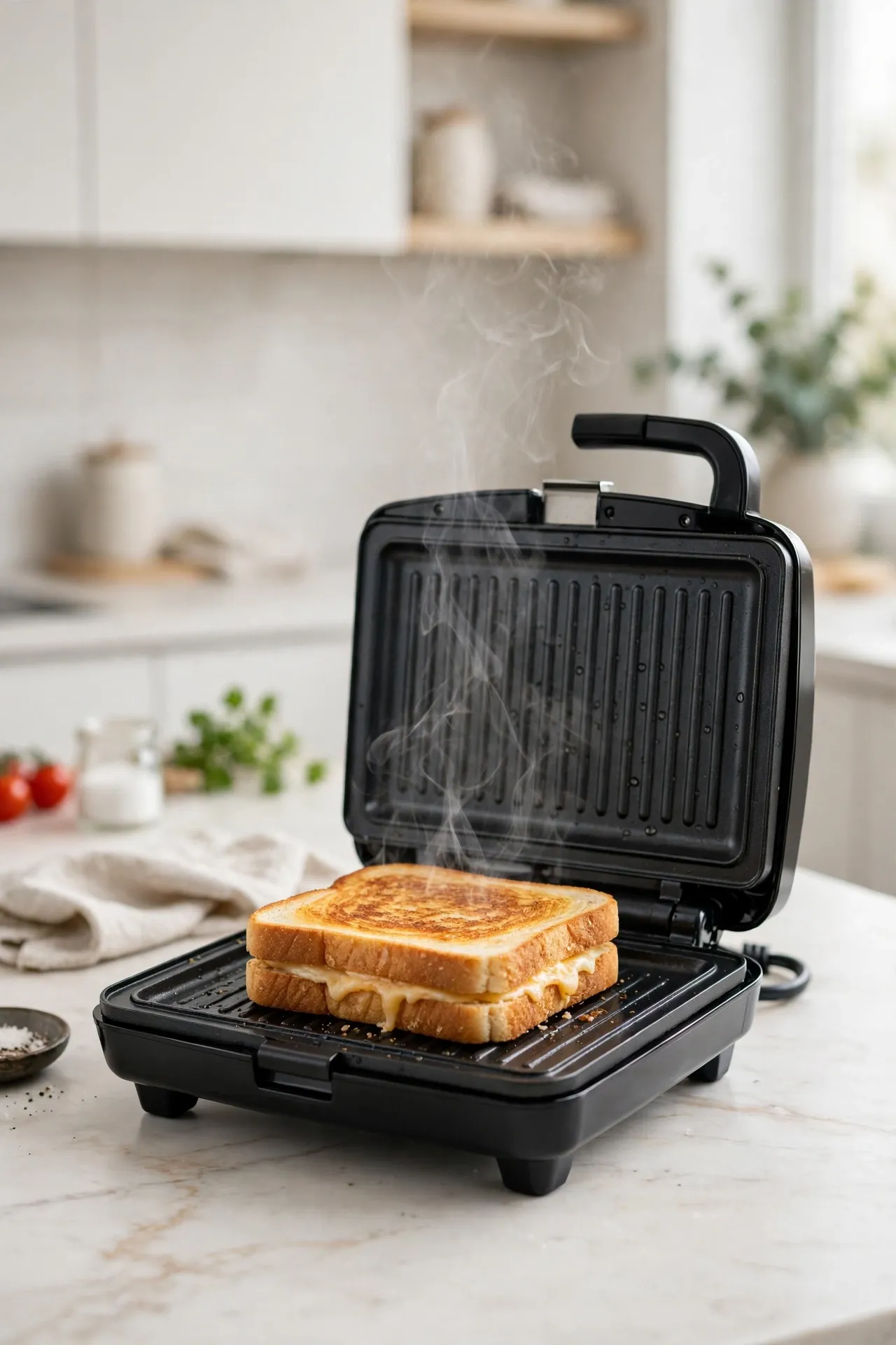 Compact electric sandwich maker with a cooked sandwich