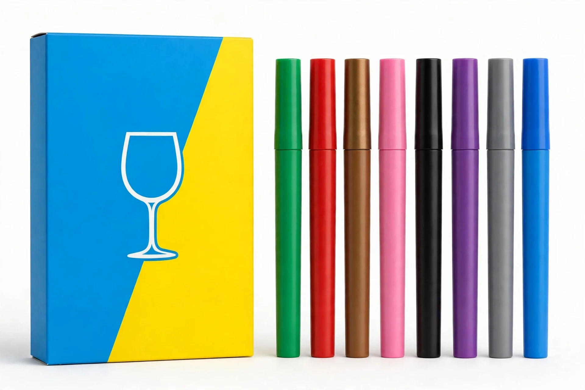 Blue and yellow box beside eight upright marker pens in different colours