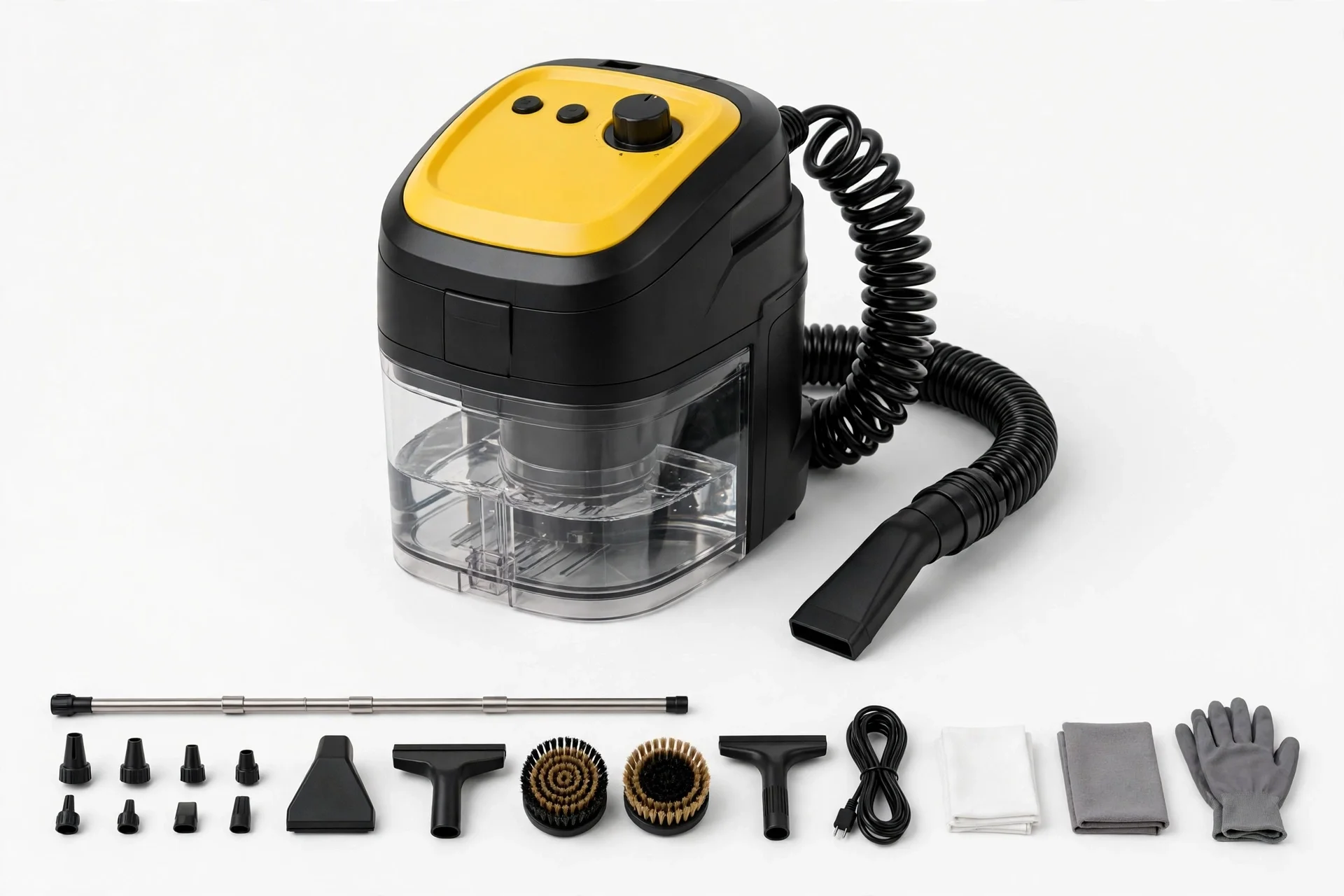 Compact black and yellow steam cleaner with a clear water tank, coiled hose and a full row of nozzles, brushes, cloths and gloves