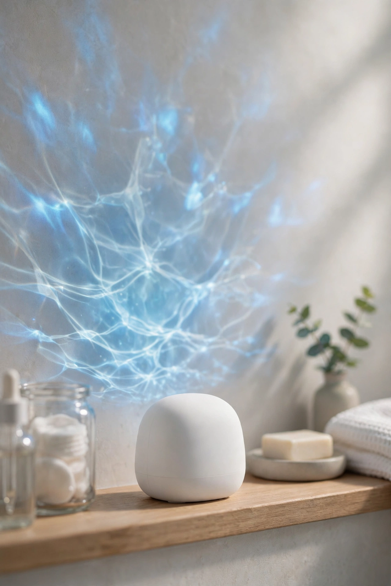 Waterproof ocean wave projector lamp glowing on a bathroom shelf