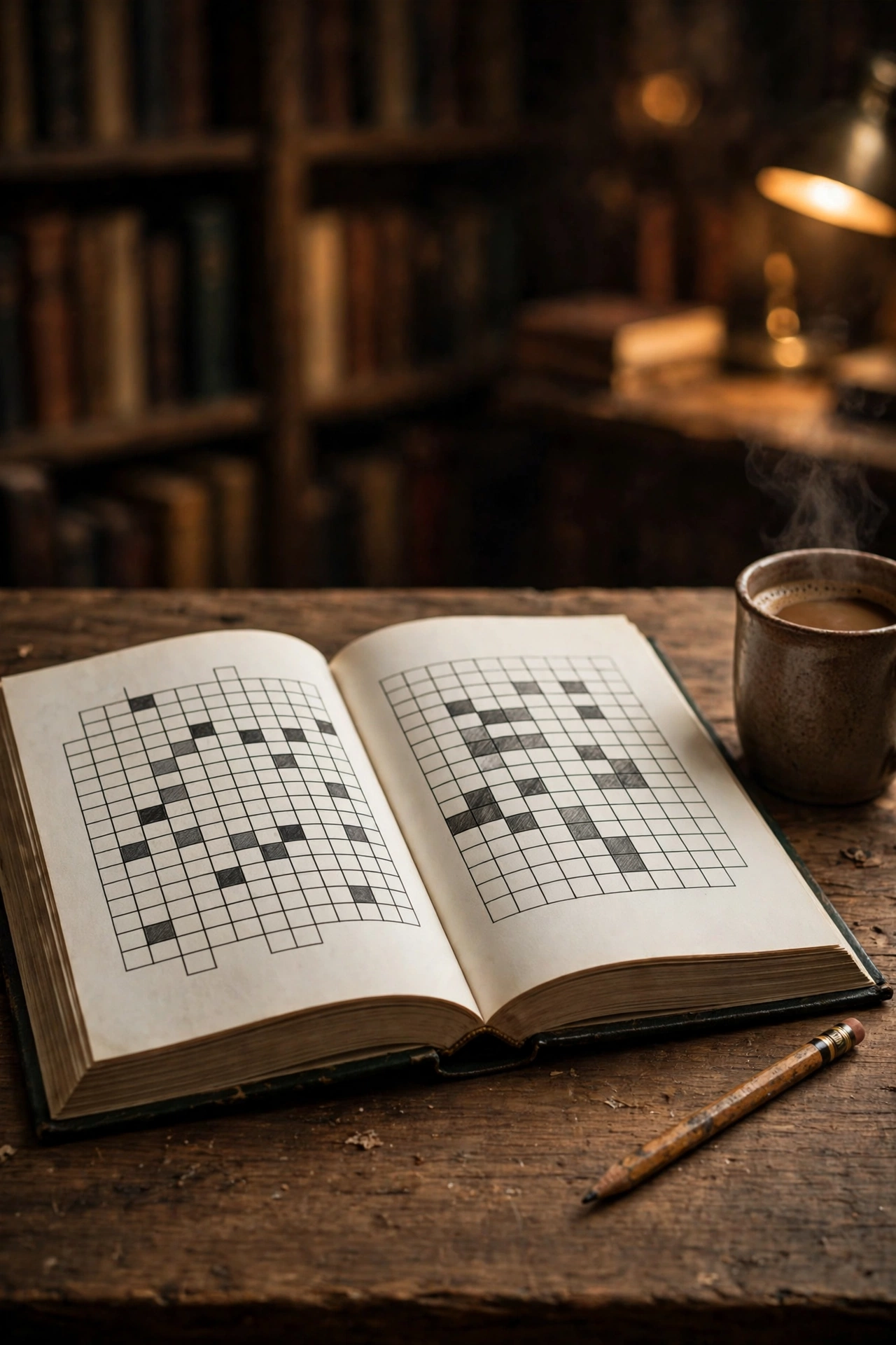 Murder mystery logic puzzle book open on a desk with a pencil
