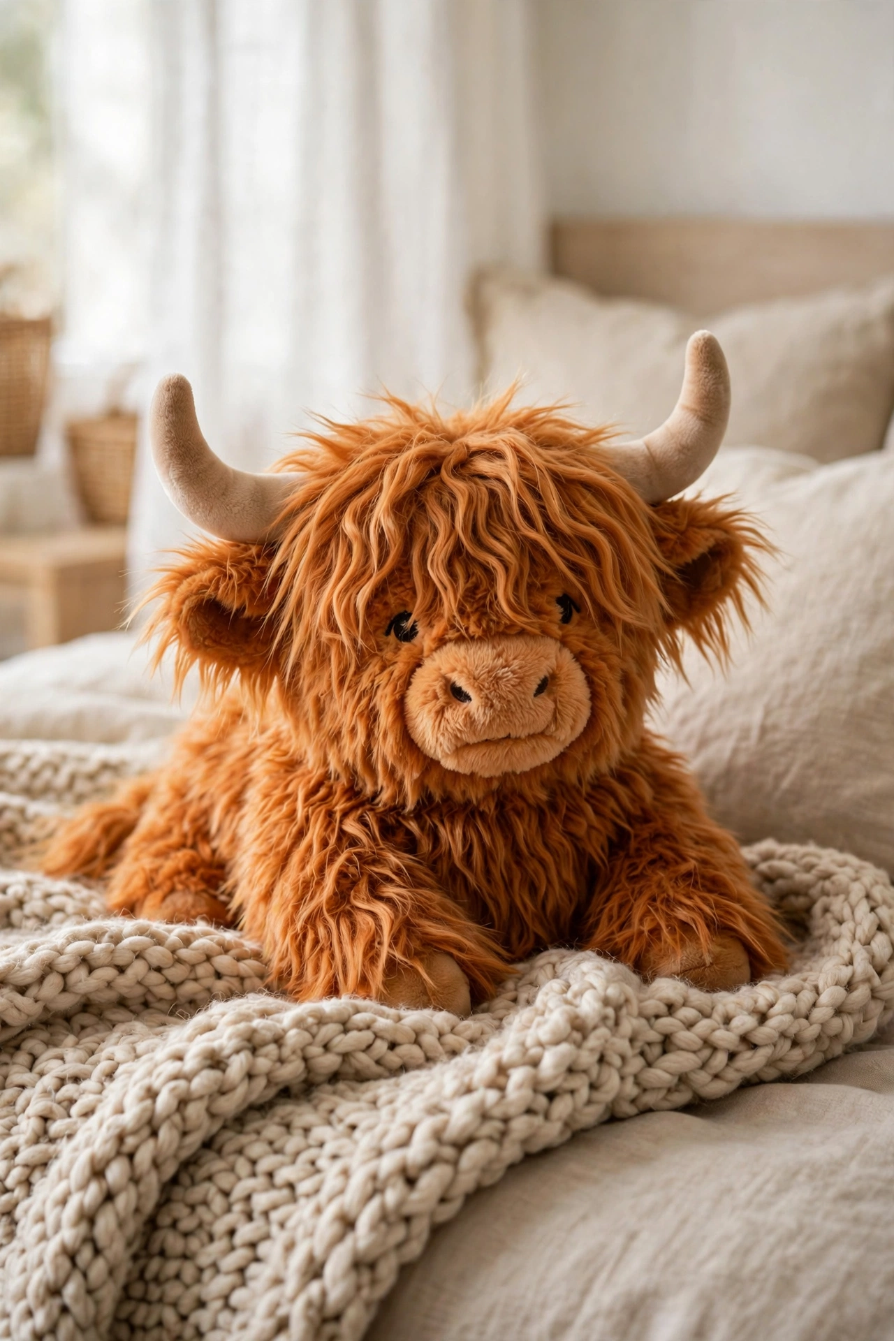 Fluffy Highland cow plush toy resting on a cozy bed