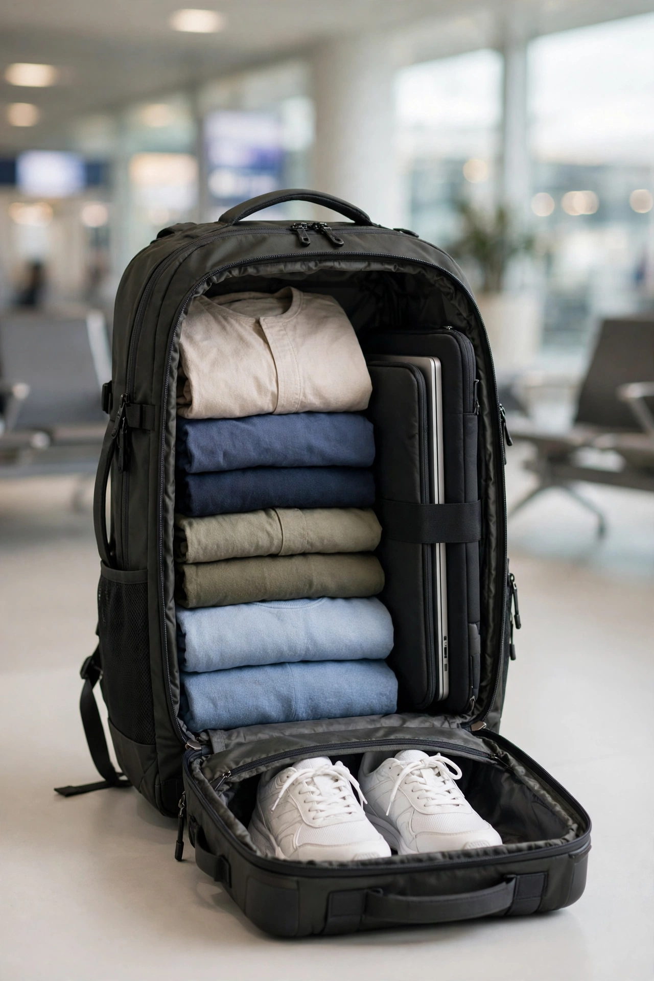 Large carry-on travel backpack open with clothes and shoes packed inside