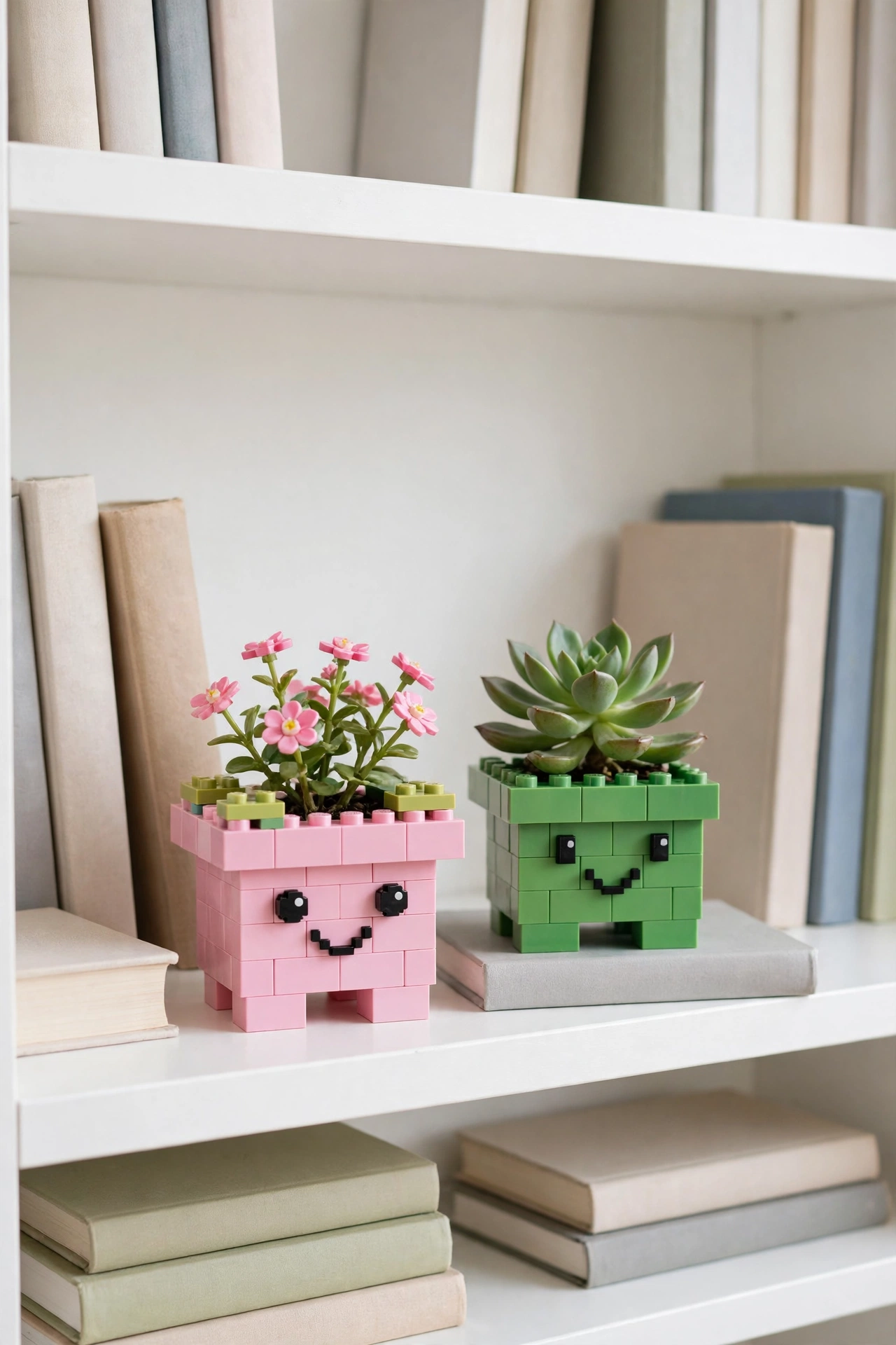 Two LEGO botanical plant models with smiling faces on a shelf