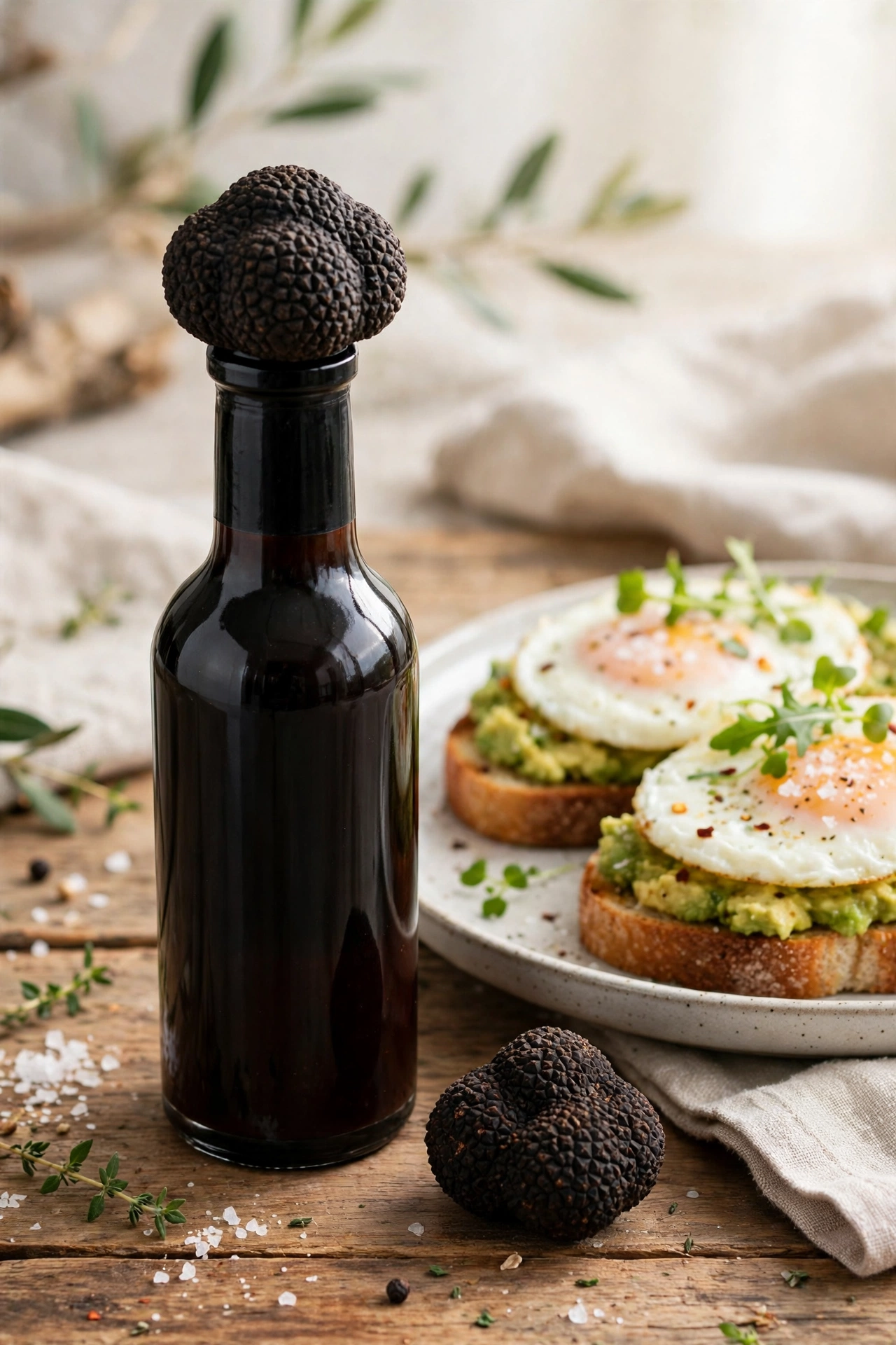 Bottle of black truffle hot sauce beside a plate of food