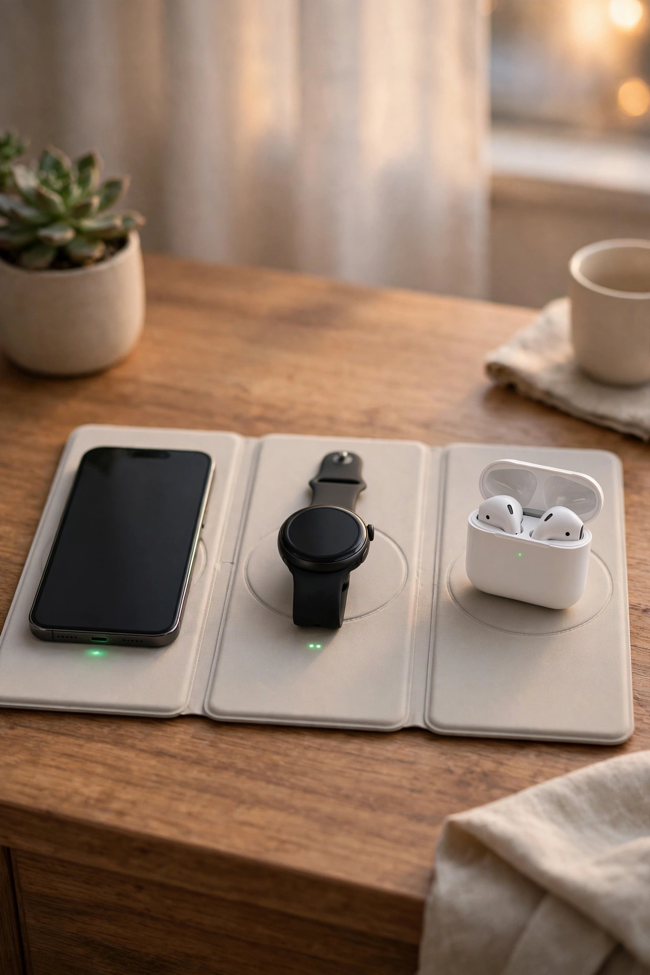 Foldable 3-in-1 wireless charging pad with phone, watch and earbuds charging