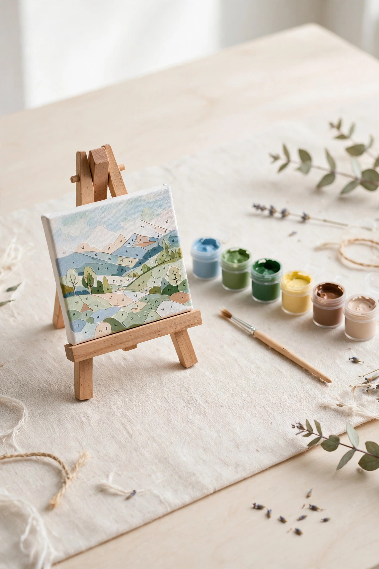 Mini Bob Ross paint-by-numbers kit with tiny canvas on an easel