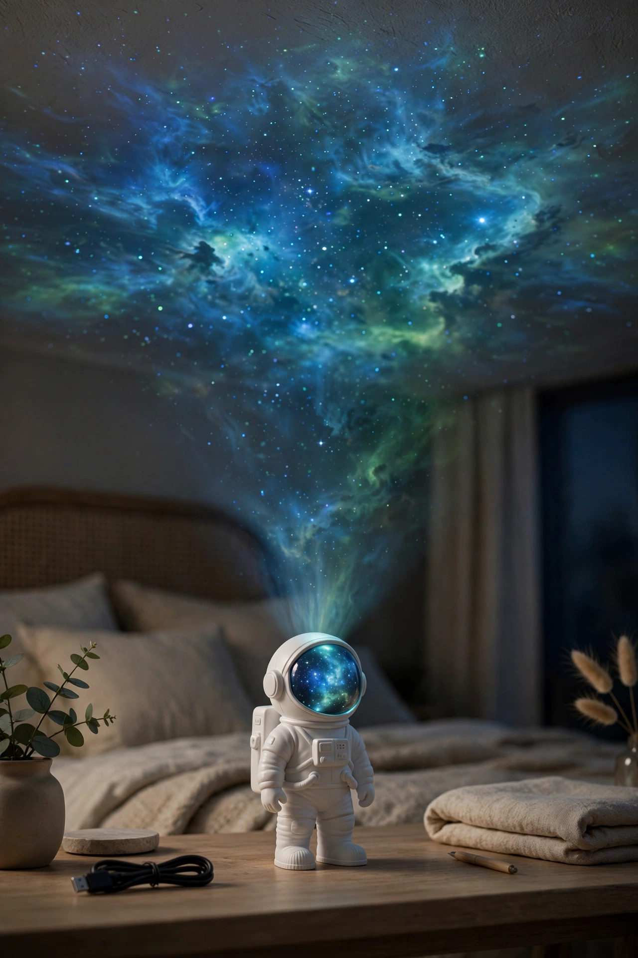 Astronaut-shaped galaxy projector casting nebula lights on a ceiling