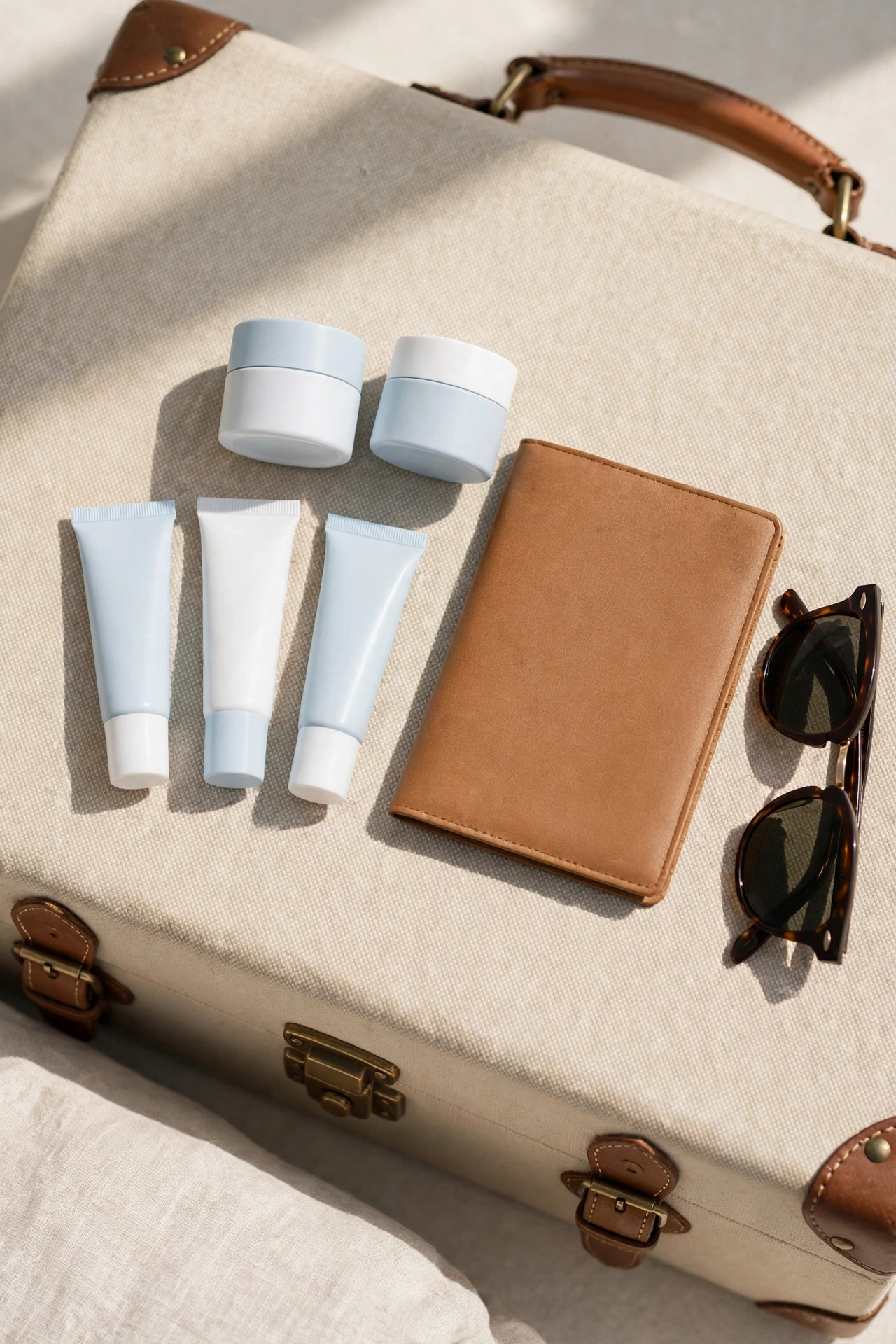 Summer Fridays Jet Lag mini skincare set arranged beside a passport