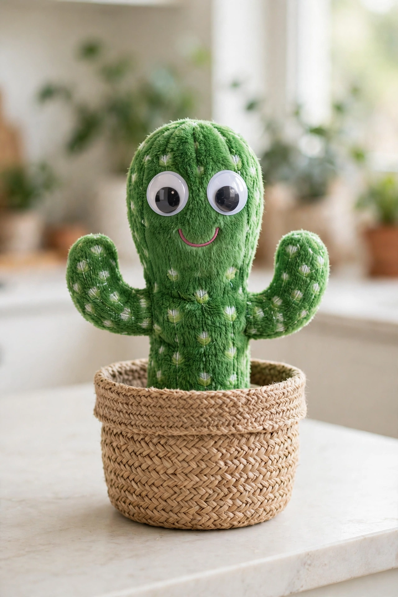 Smiling dancing cactus toy in a woven pot on a kitchen counter