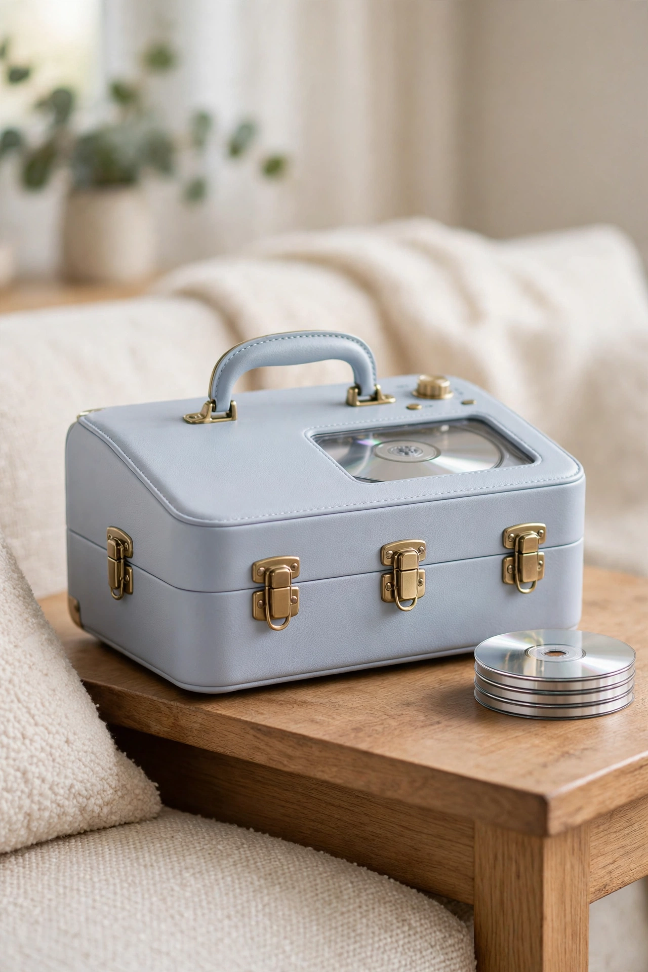 Retro portable CD player styled like a Crosley record player