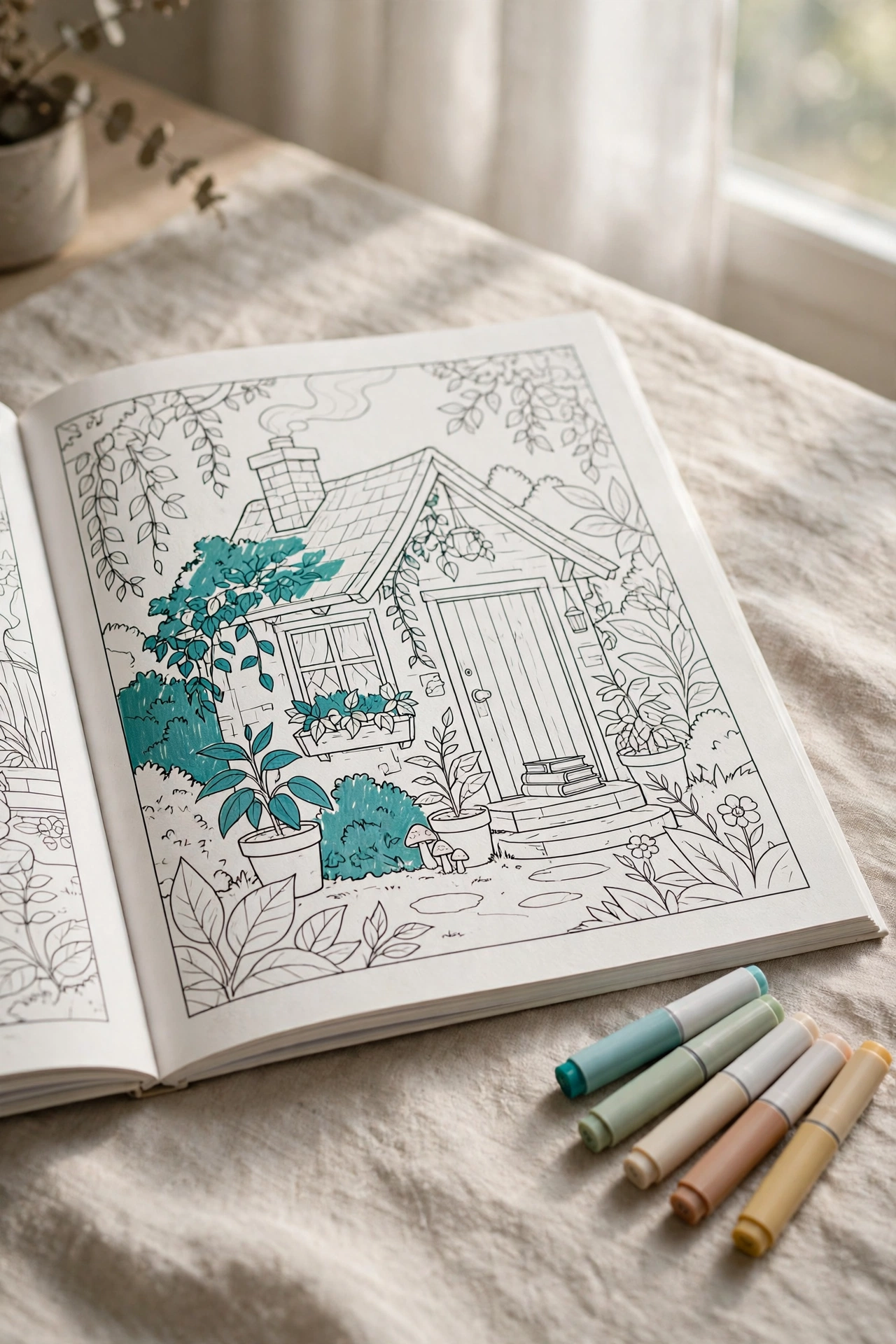 Monochrome coloring book open to a cozy one-color illustrated page